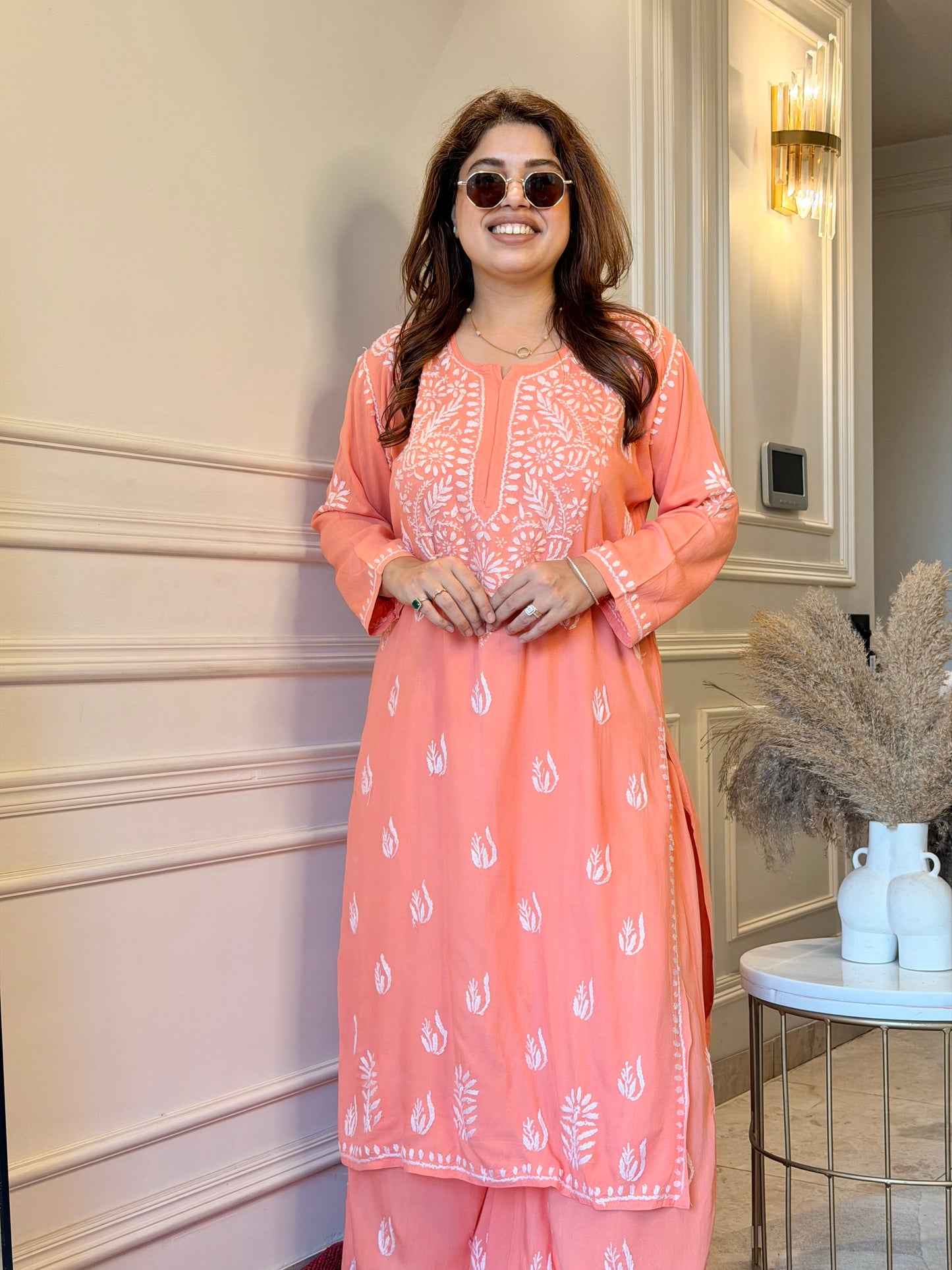 Hand Embroidered Chikankari Kurta set | Modal | Peach