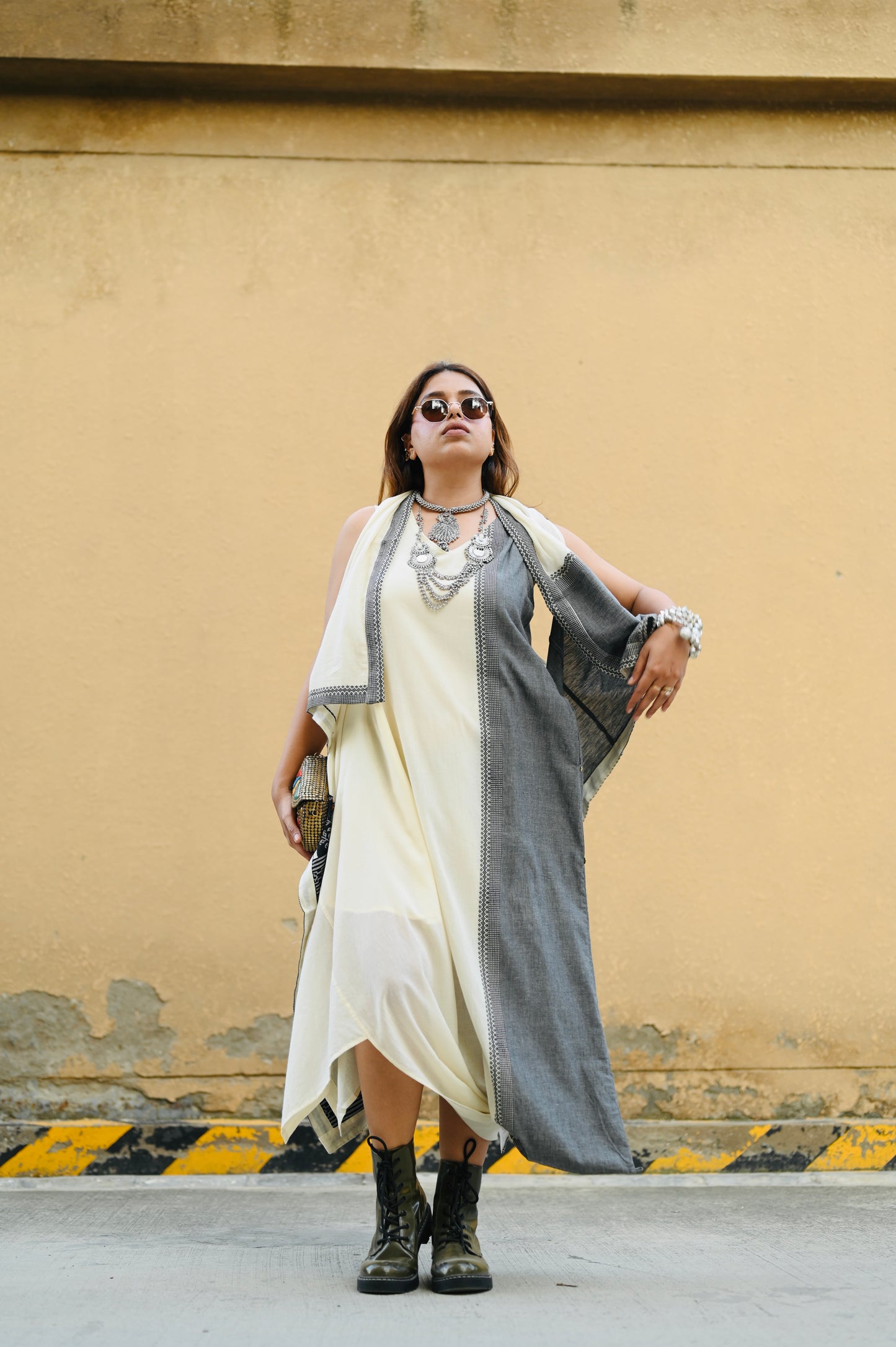 Premium Ivory Asymmetric Flowy Dress with Dual-Tone Ethnic Overlay