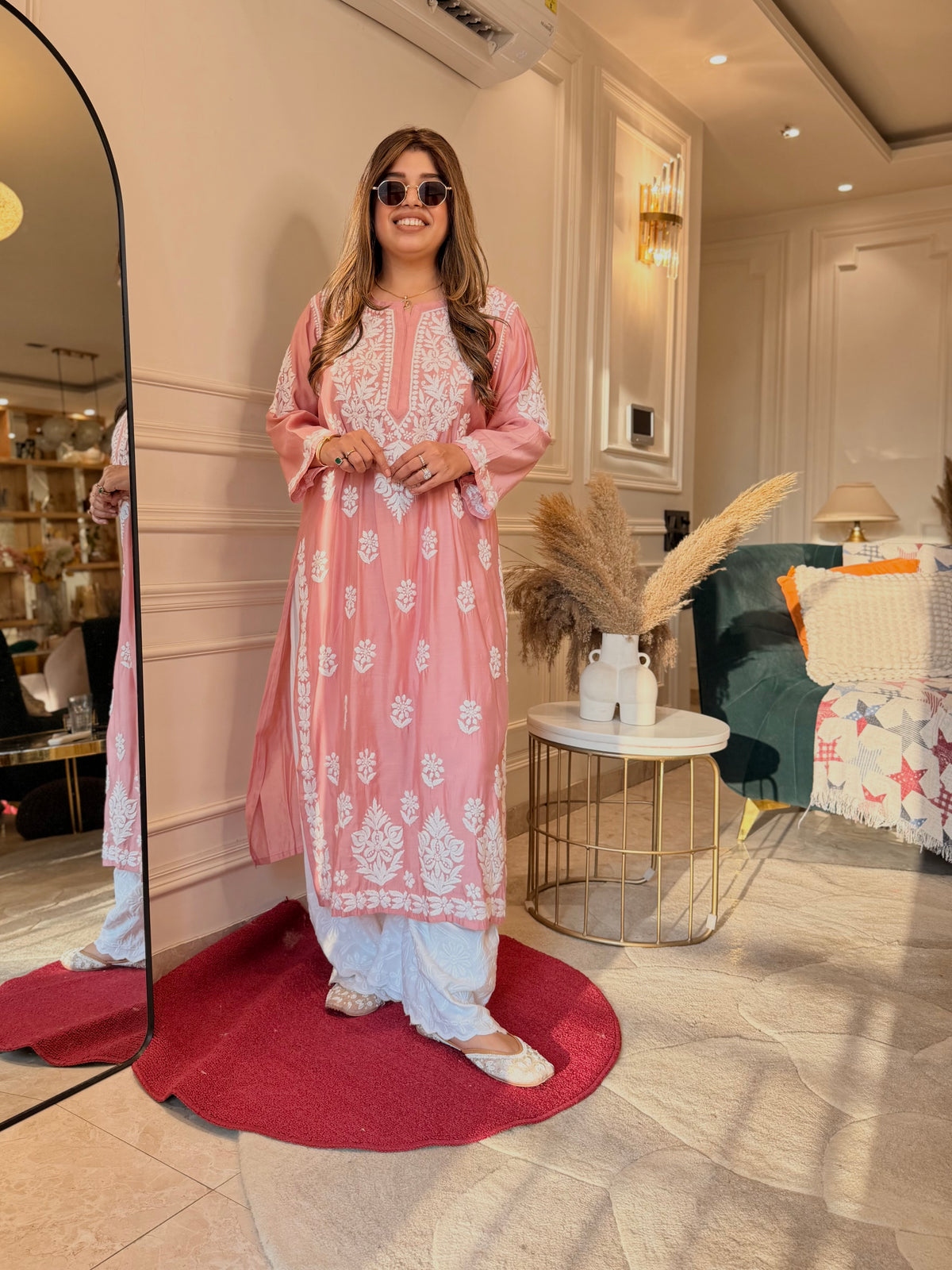 Hand Embroidered 3D Chikankari Kurta | Mul Chanderi | Pastel Rose