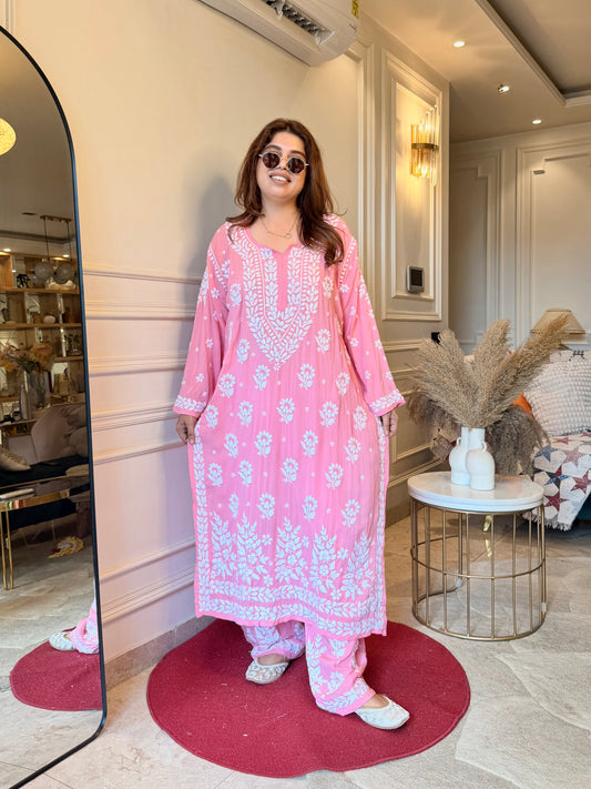 Chikankari Kurta set | Premium Modal  | Pink| Plus Size