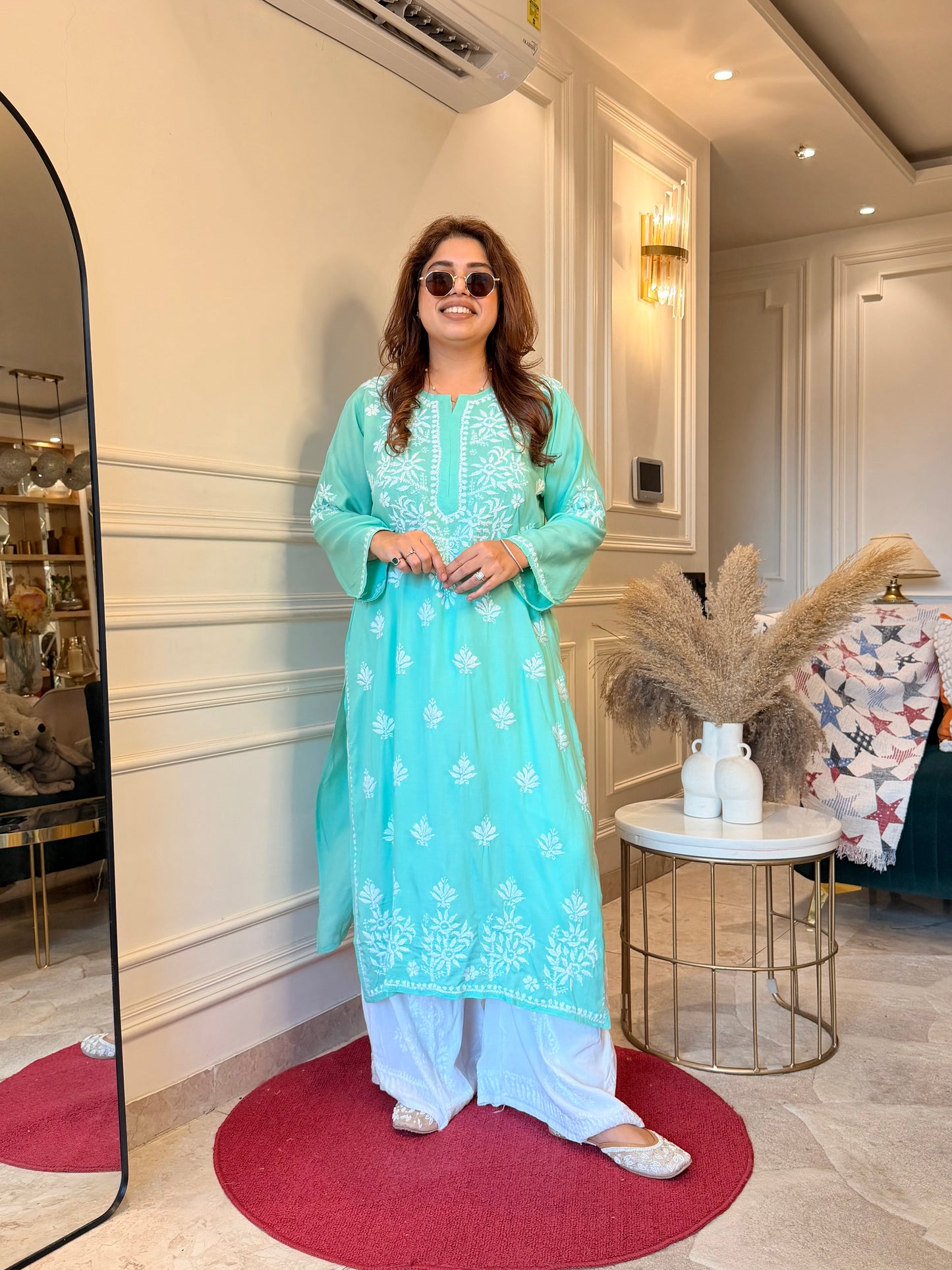 Hand Embroidered Chikankari Kurta | Modal | Aqua Mint