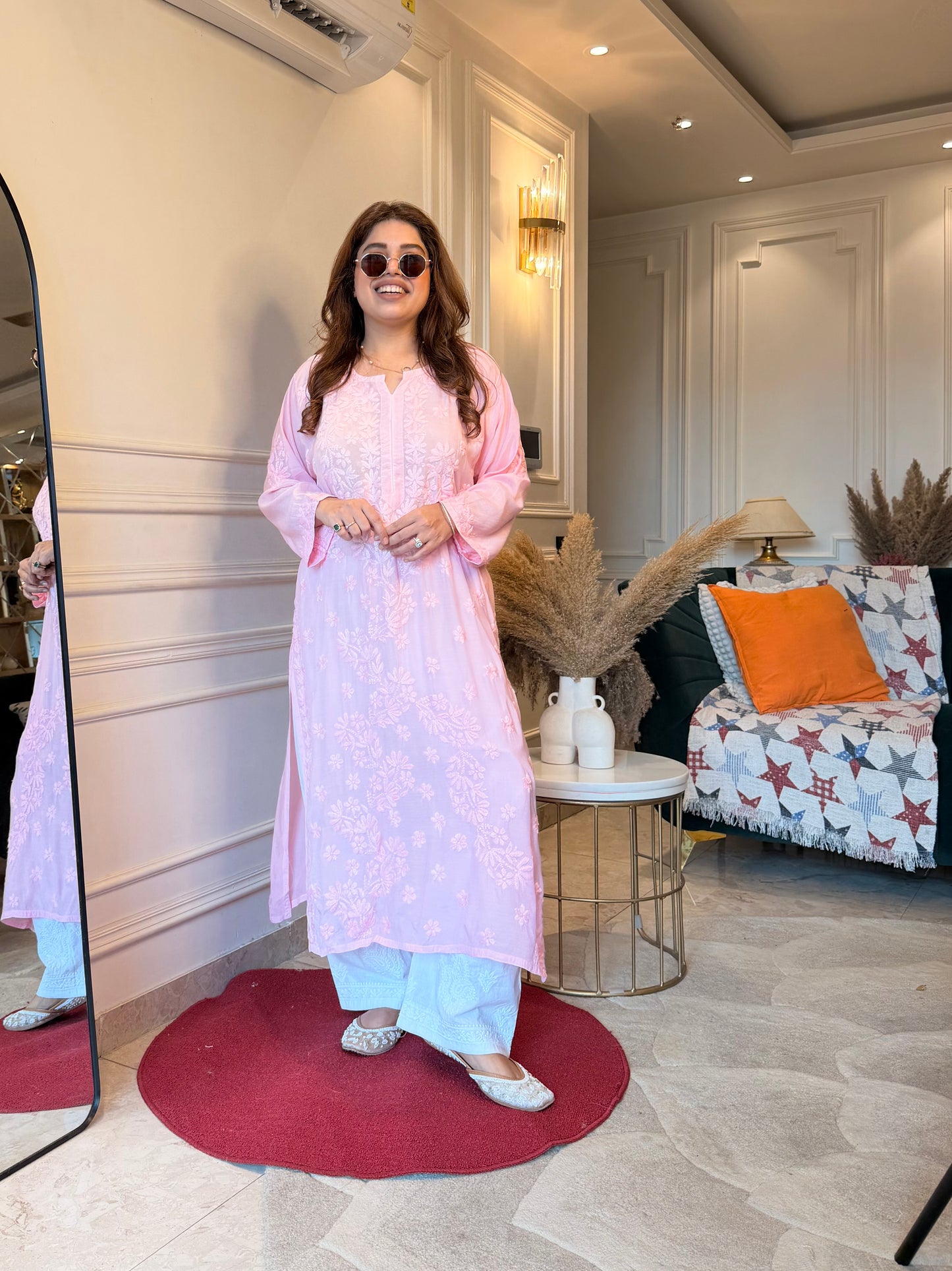 Hand Embroidered Chikankari Kurta set | Mul Chanderi | Baby Pink