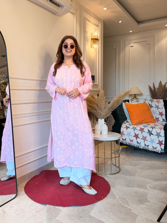 Hand Embroidered Chikankari Kurta | Mul Chanderi | Baby Pink