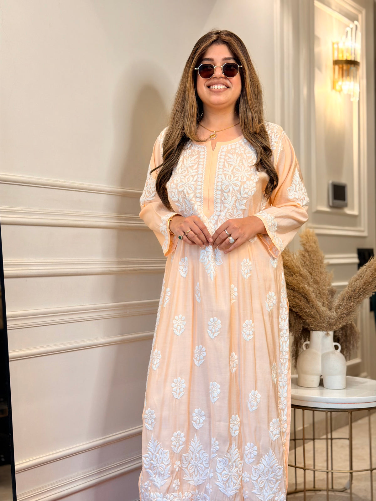 Hand Embroidered 3D Chikankari Kurta | Mul Chanderi | Peach