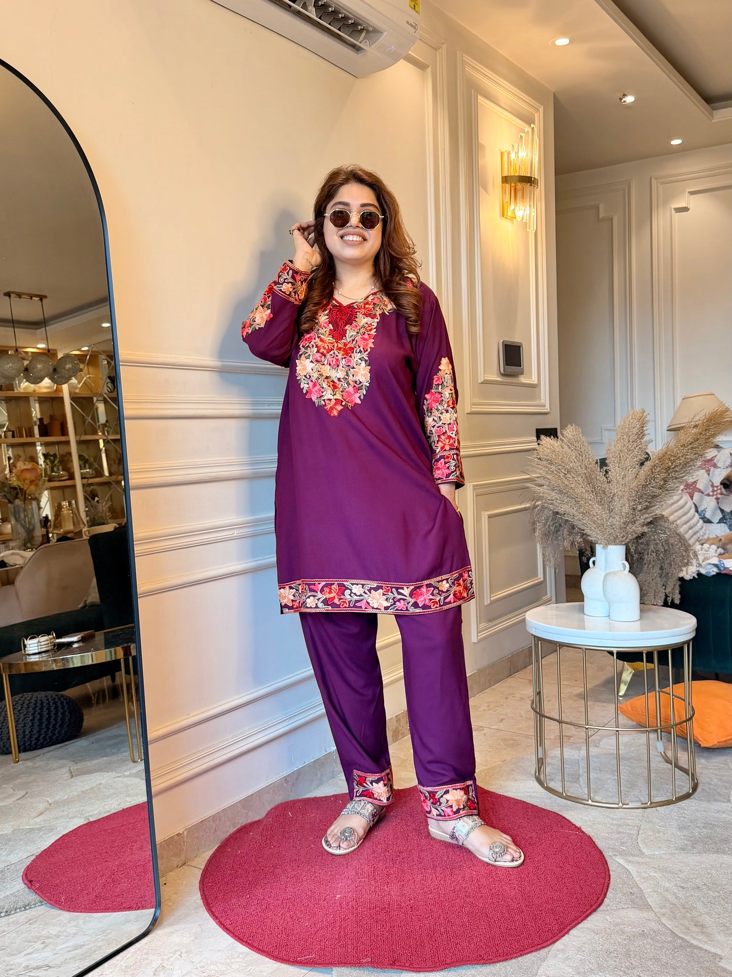 Cotton Kashmiri Emberoried Cordset-Wine