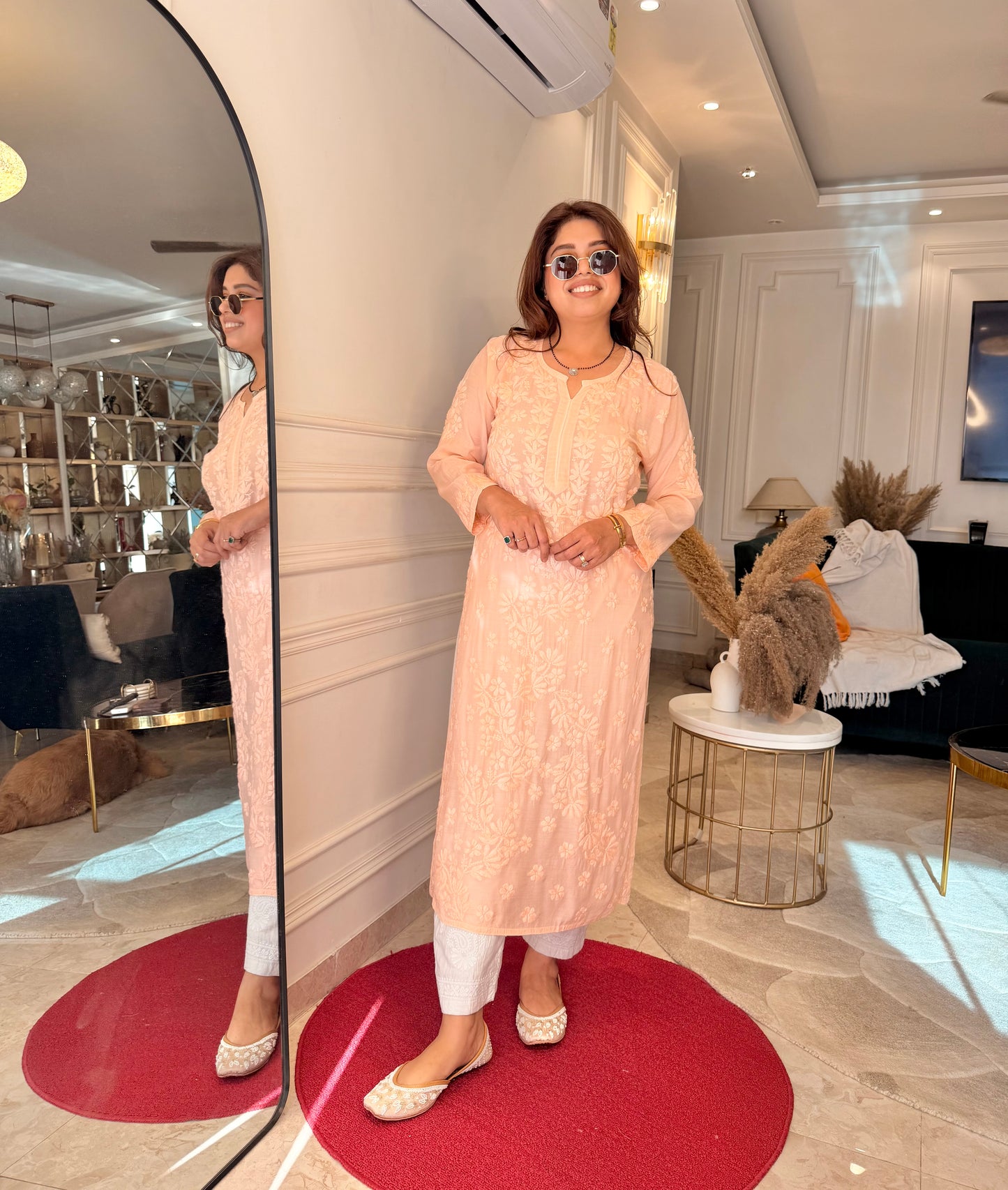 Chikankari Kurta set | Mul Chanderi | Peach