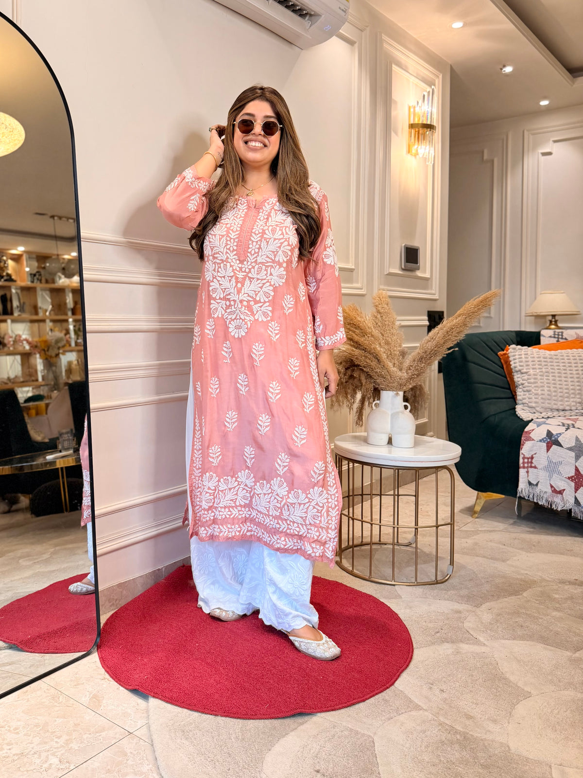 Hand Embroidered 3D Chikankari Kurta | Mul Chanderi | Dusty Pink
