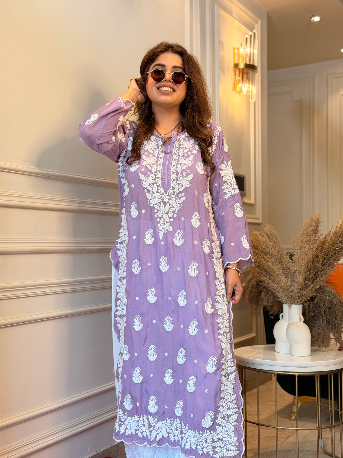 Hand embroidered 6D Chikankari Kurta | Mul Chanderi | Lavender