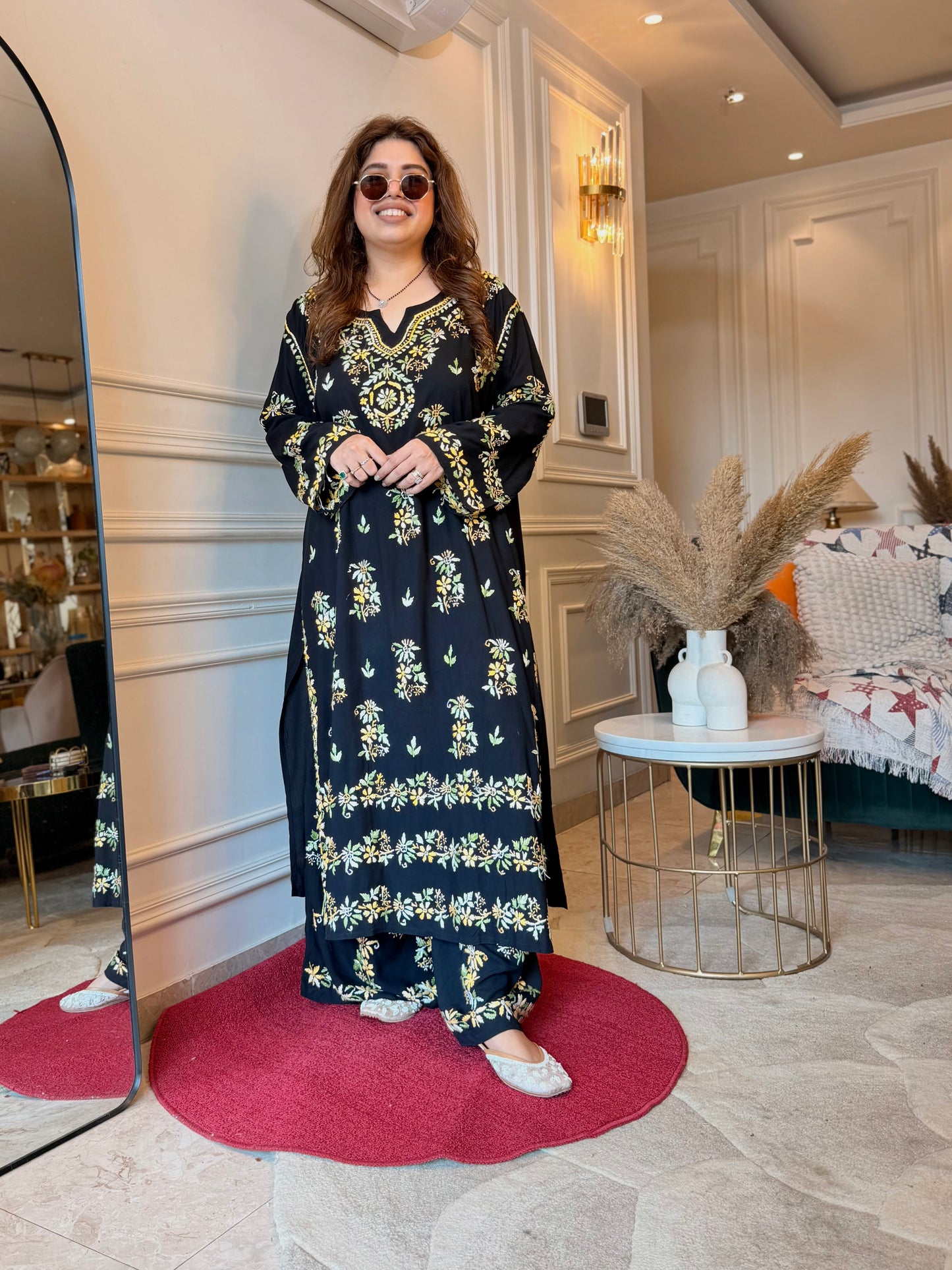 Hand Embroidered Chikankari Kurta set | Modal  | Black with Mustard