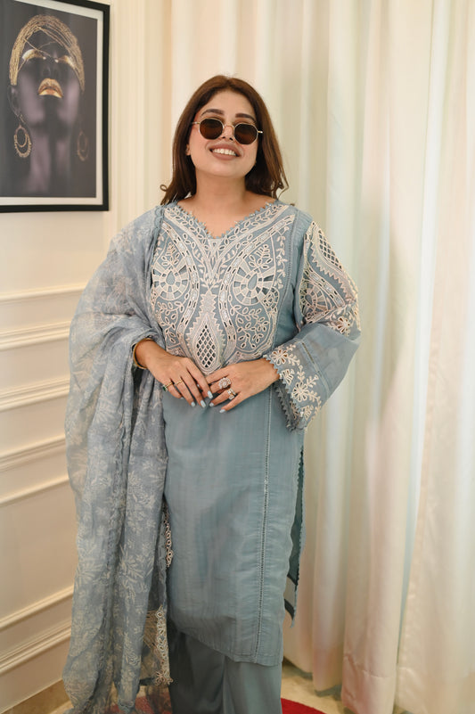 Exclusive Serene Blue Charm – Embroidered 3-Piece Suit Elegance  | Sizes M to XXL