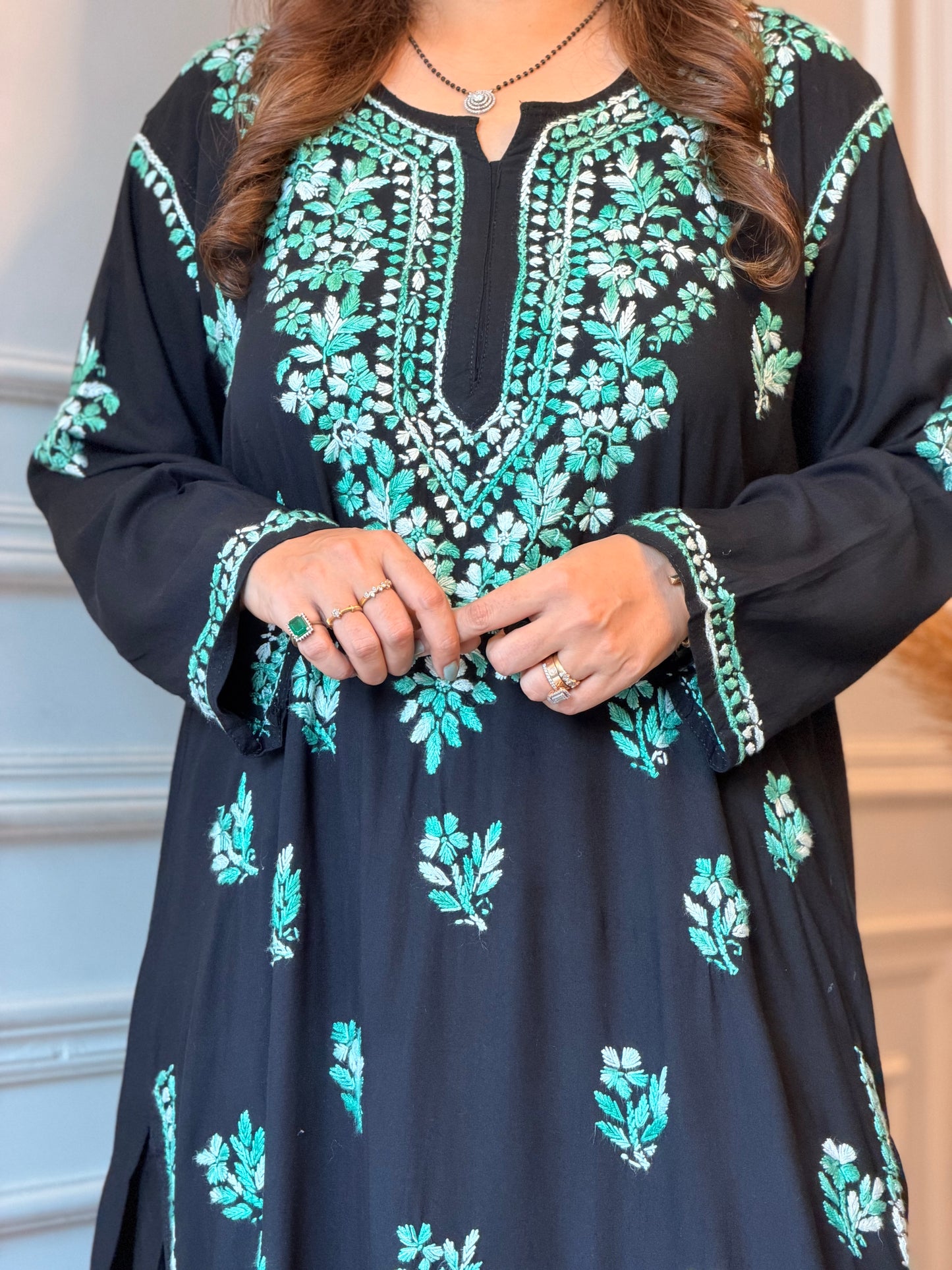 Hand Embroidered Chikankari Kurta  | Premium Cotton | Black with Teal Green