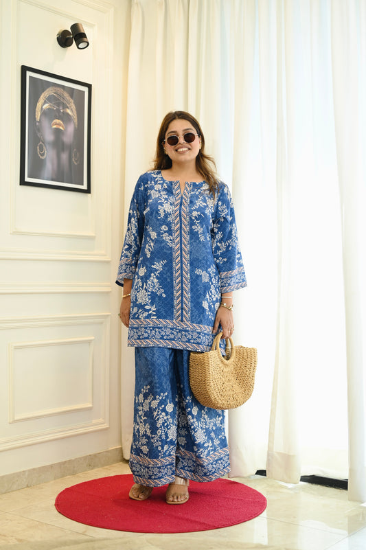 Royal Indigo Blue Floral Printed Co-Ord Set