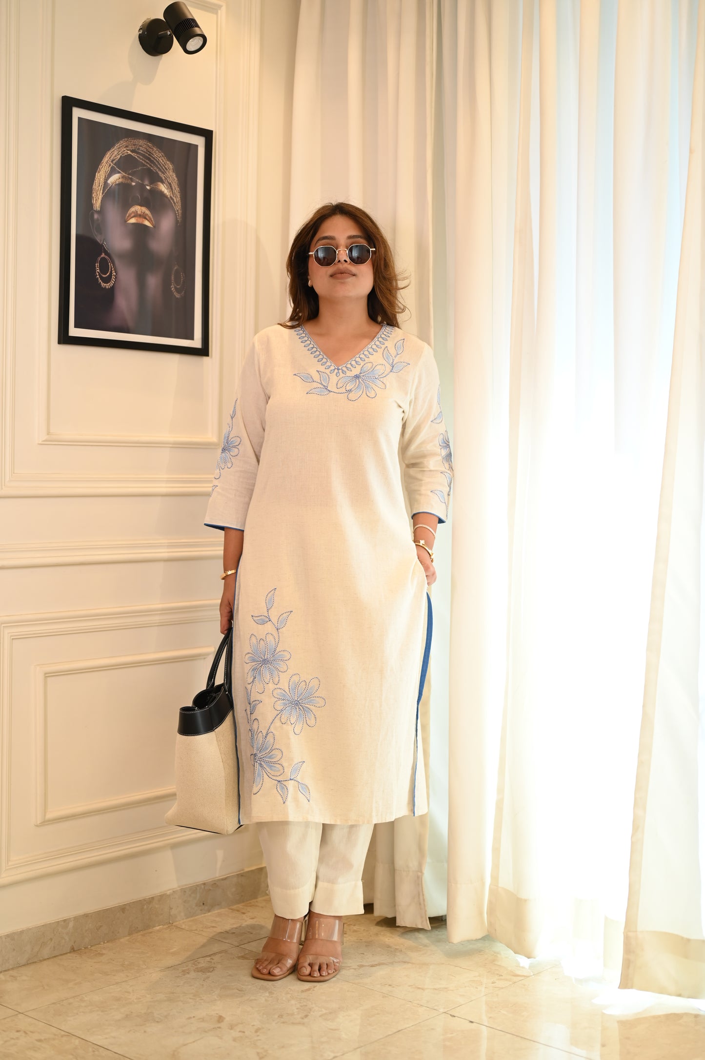 White Floral Embroidered Cotton Kurta Set