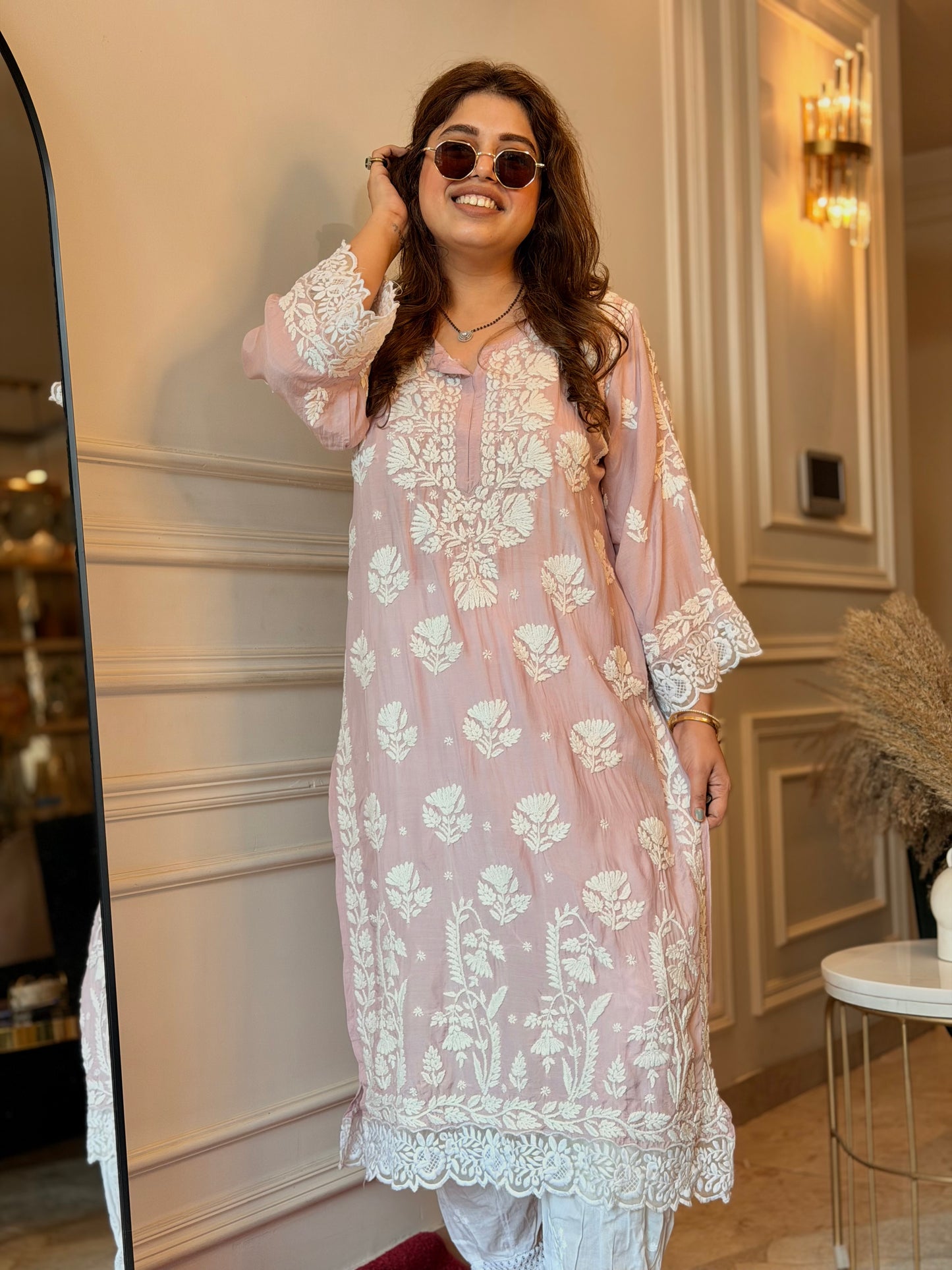 Hand embroidered 6D Chikankari Kurta | Mul Chanderi | Nude Pink
