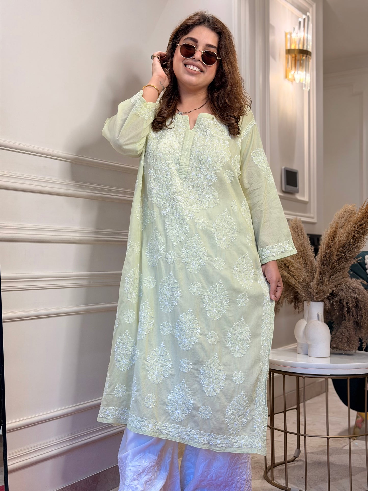 Hand Embroidered Chikankari Kurta | Premium Mul Cotton | Pista Green