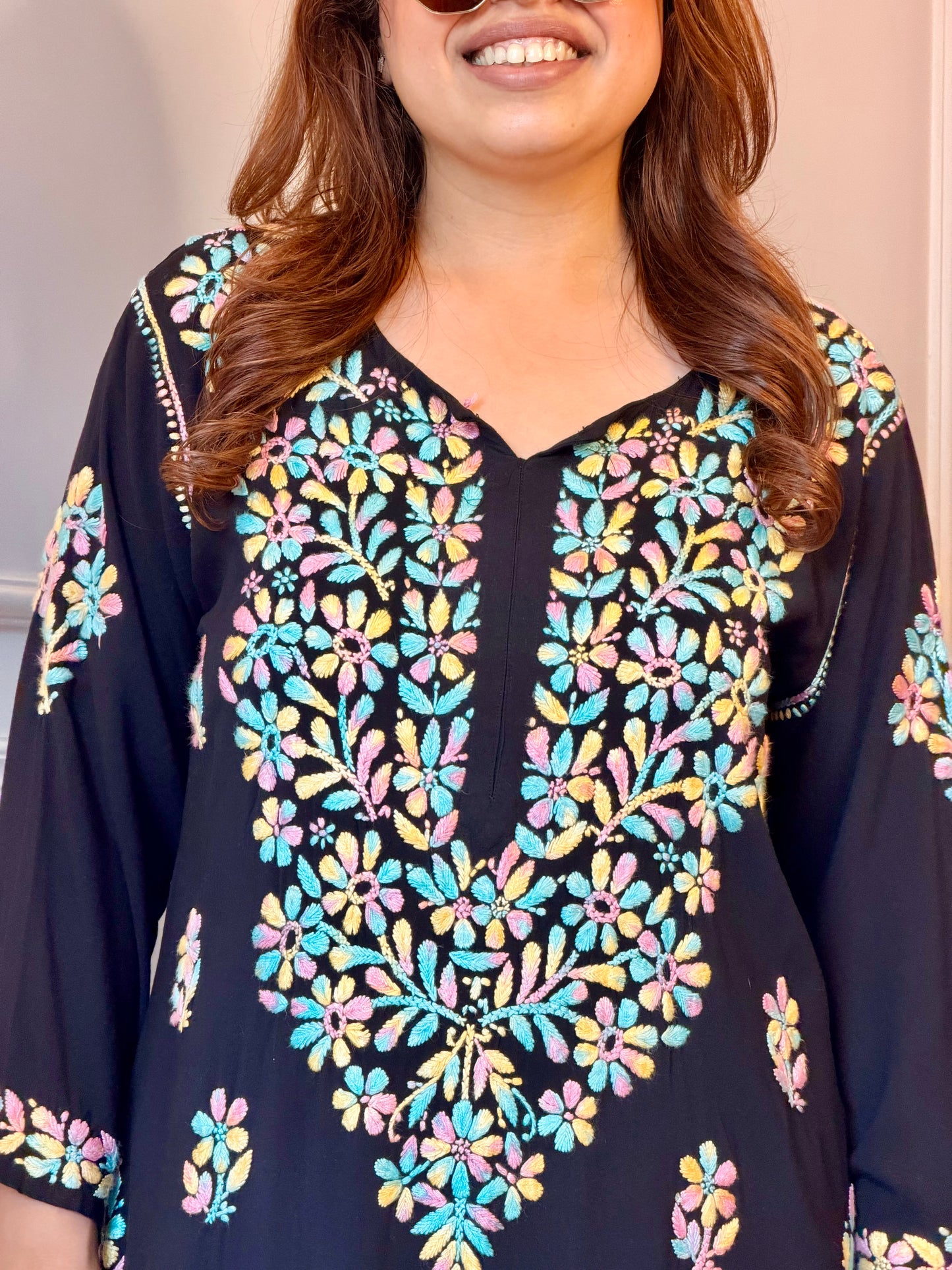 Hand Embroidered Chikankari Kurta Set - Black with Multi colour