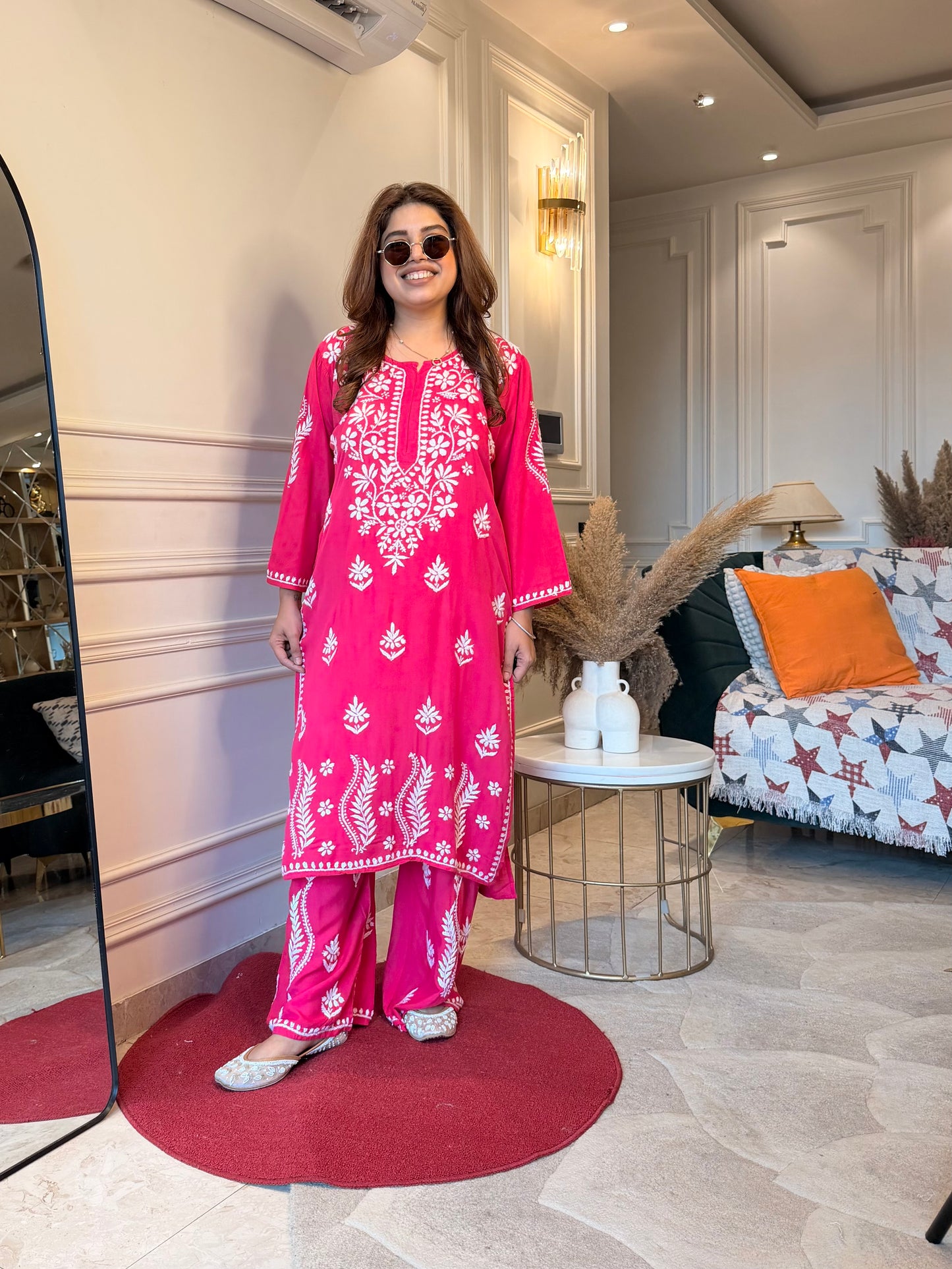 Hand Embroidered Chikankari Kurta set | Modal | Hot Pink