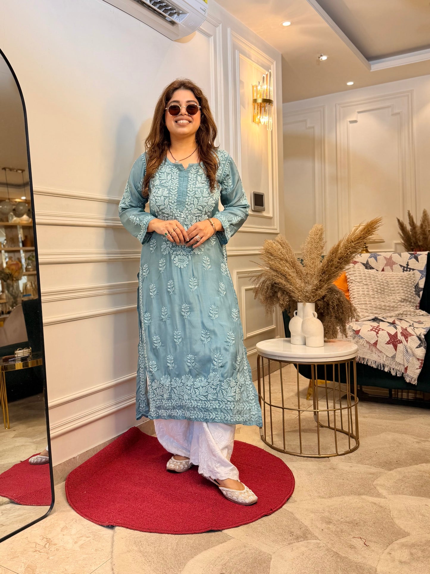 Hand Embroidered 3DChikankari Kurta  | Mul Chanderi | Dusty Blue