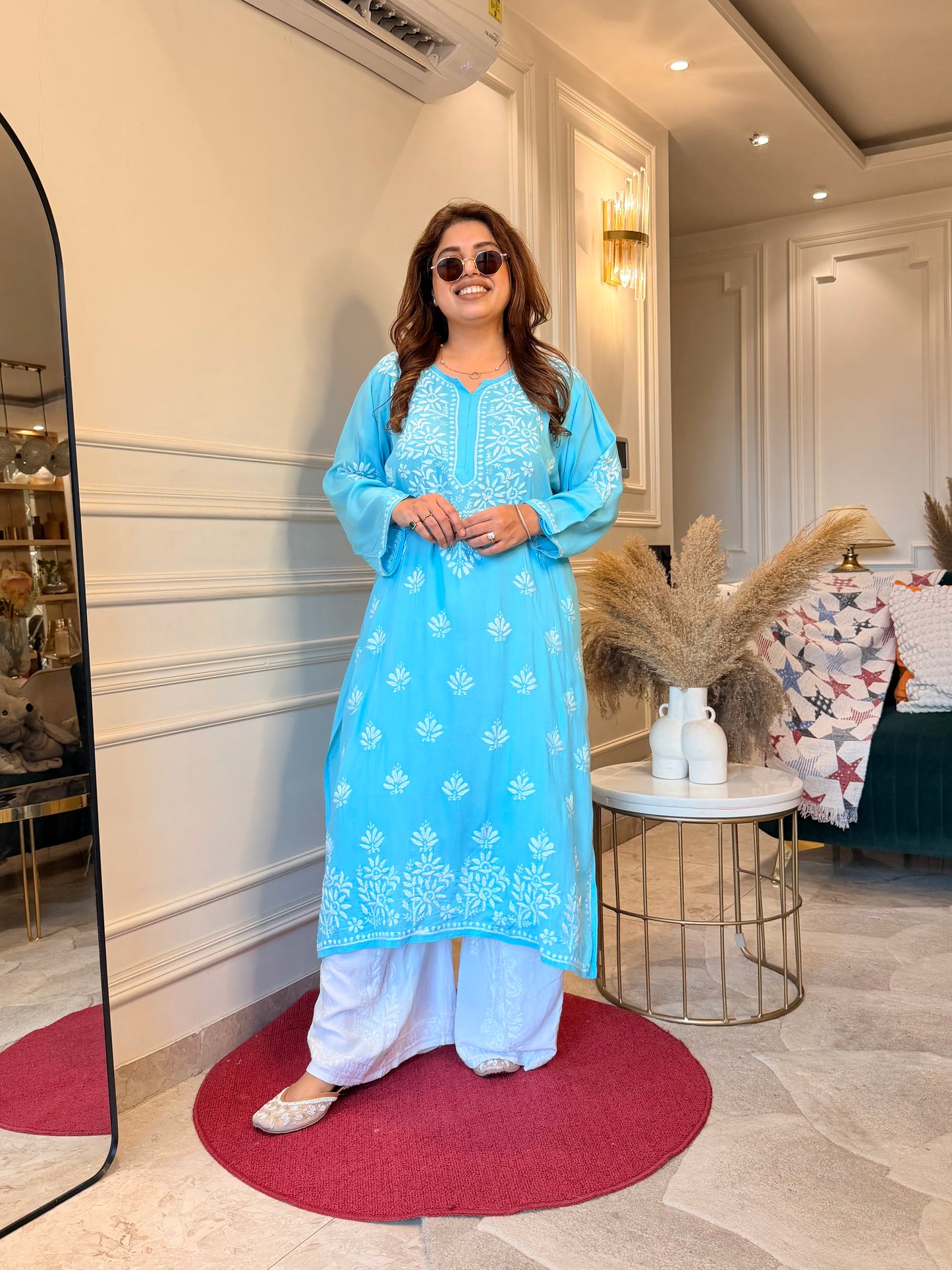 Hand Embroidered Chikankari Kurta | Modal | Turquoise Blue