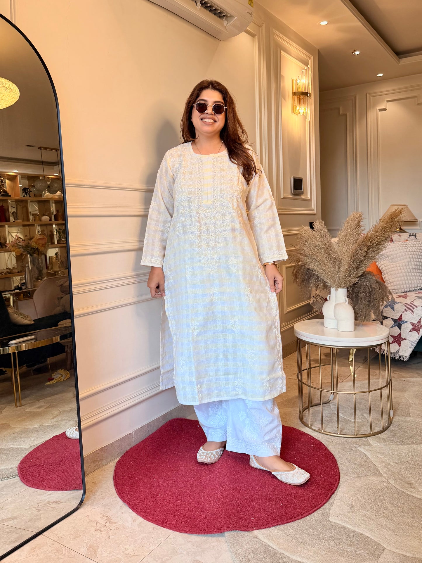 Hand Embroidered Chikankari Kurta Set - Kota Doriya Fabric | lemon Yellow