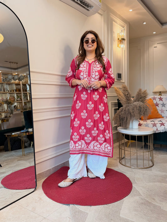 Hand Embroidered 3DChikankari Kurta  | Mul Chanderi | Rose Pink