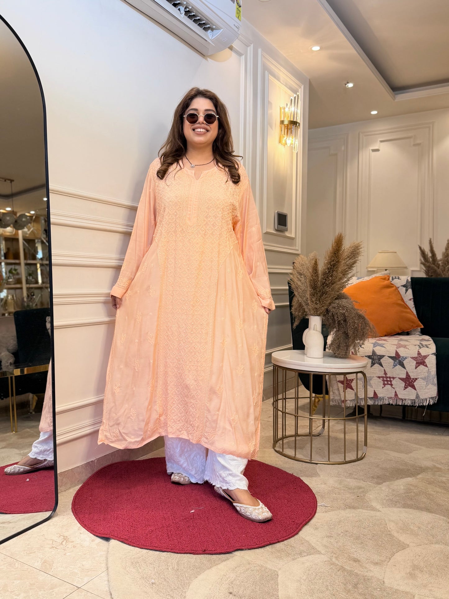 Hand Embroidered Chikankari Kurta  | Premium Muslin | Peach