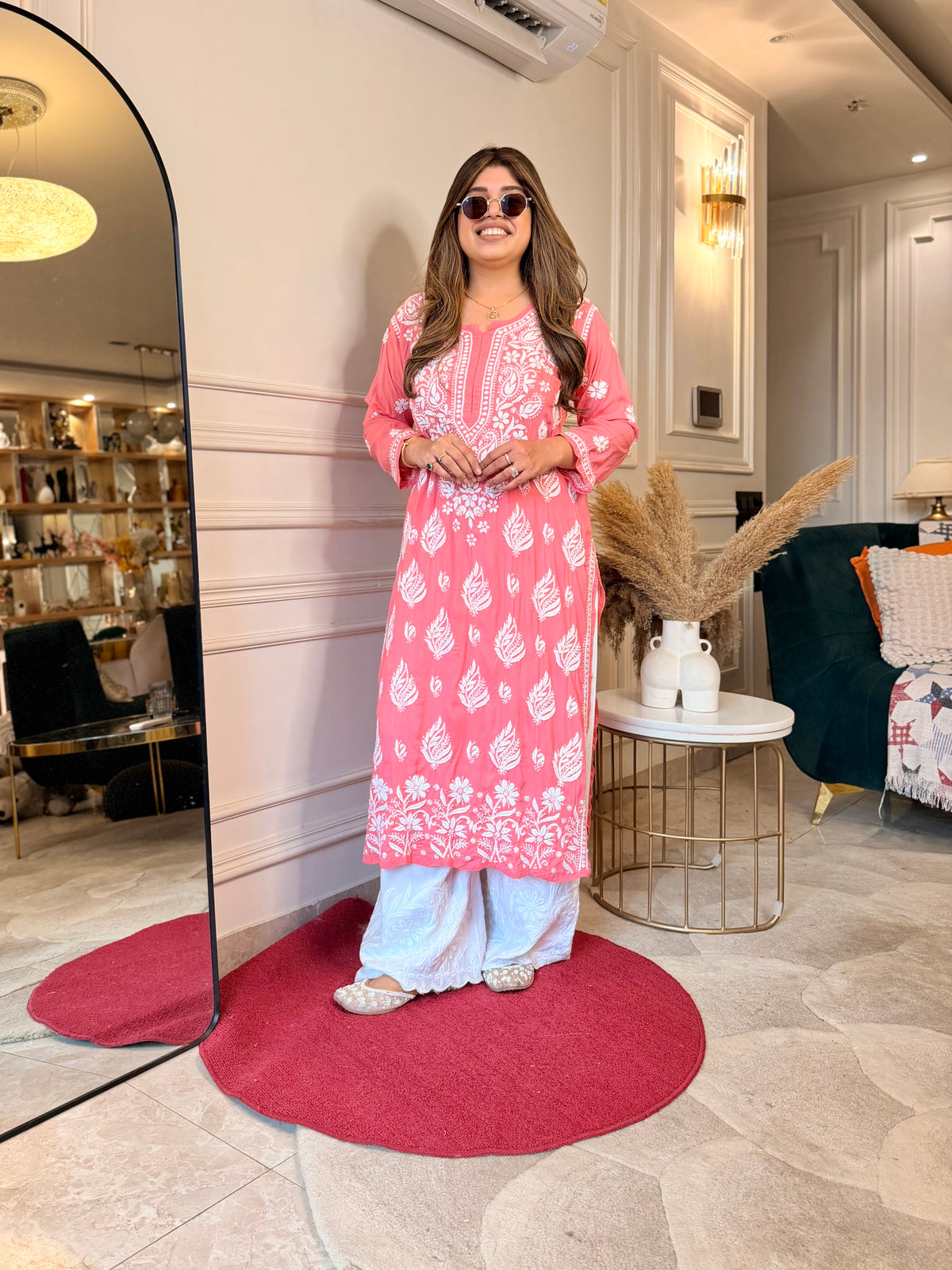 Hand Embroidered 3D Chikankari Kurta | Mul Chanderi | Coral Pink
