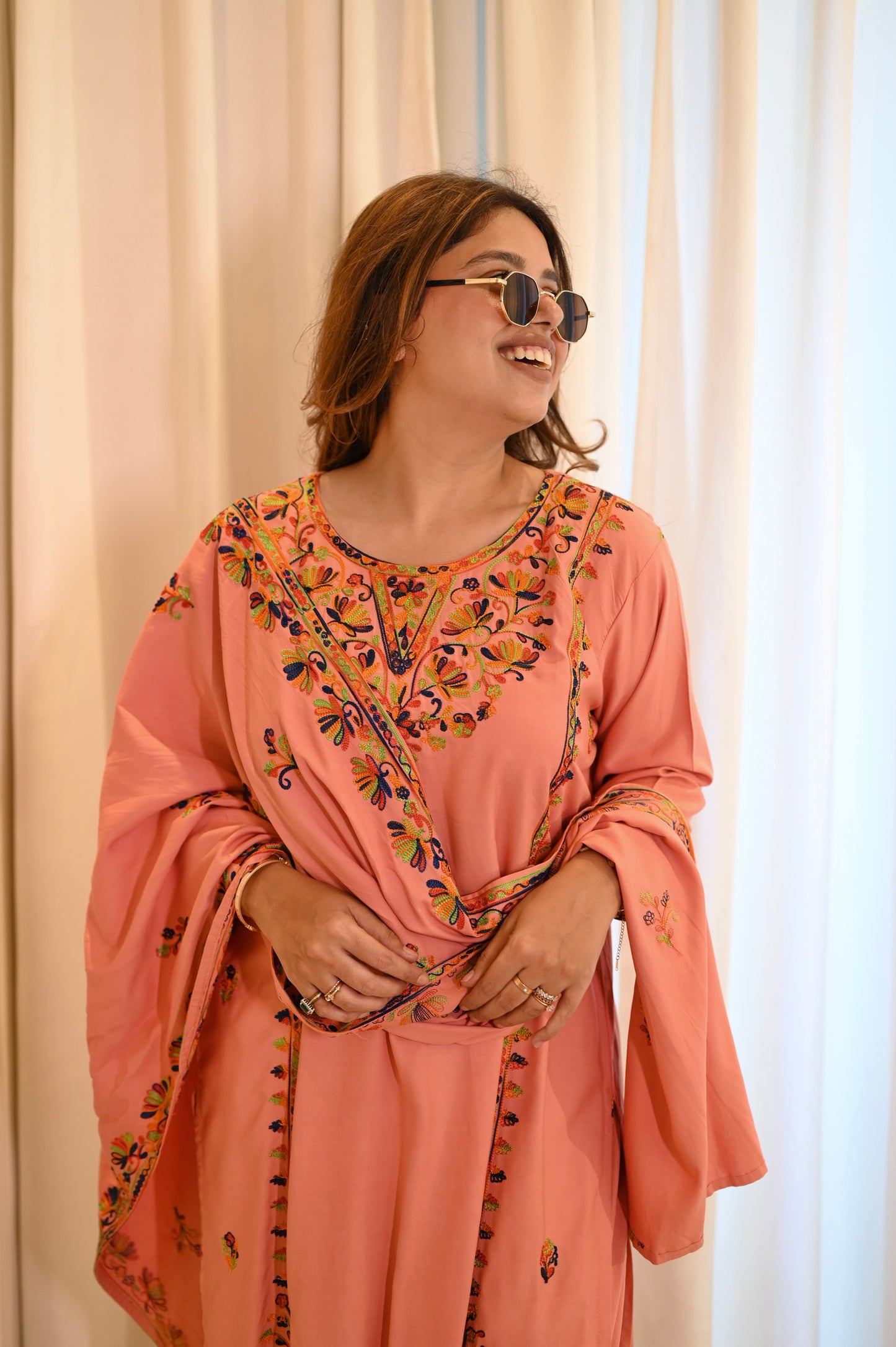 Peach Pink Cotton Embroidered Kurta Set with Dupatta