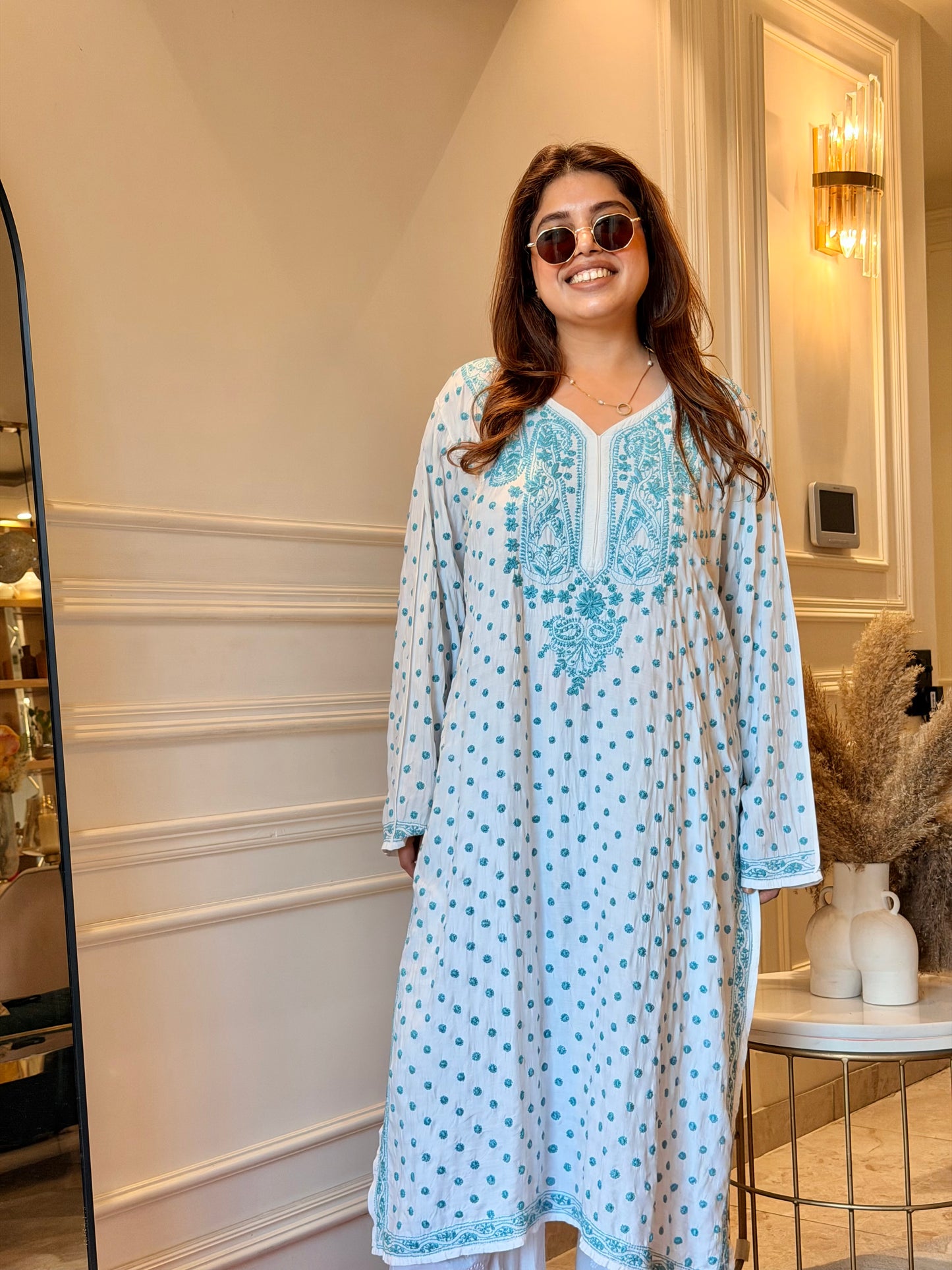 Hand Embroidered Chikankari Kurta  | Mul Chanderi | white with Turquoise Blue | Plus Size