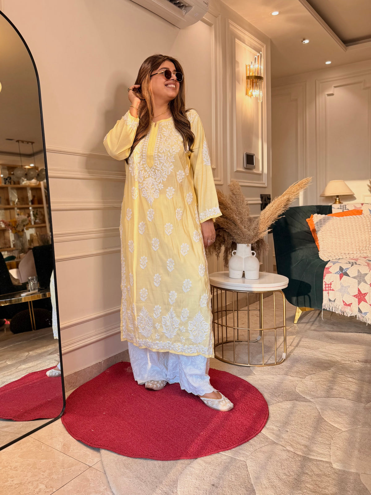 Hand Embroidered 3D Chikankari Kurta | Mul Chanderi | Butter Yellow