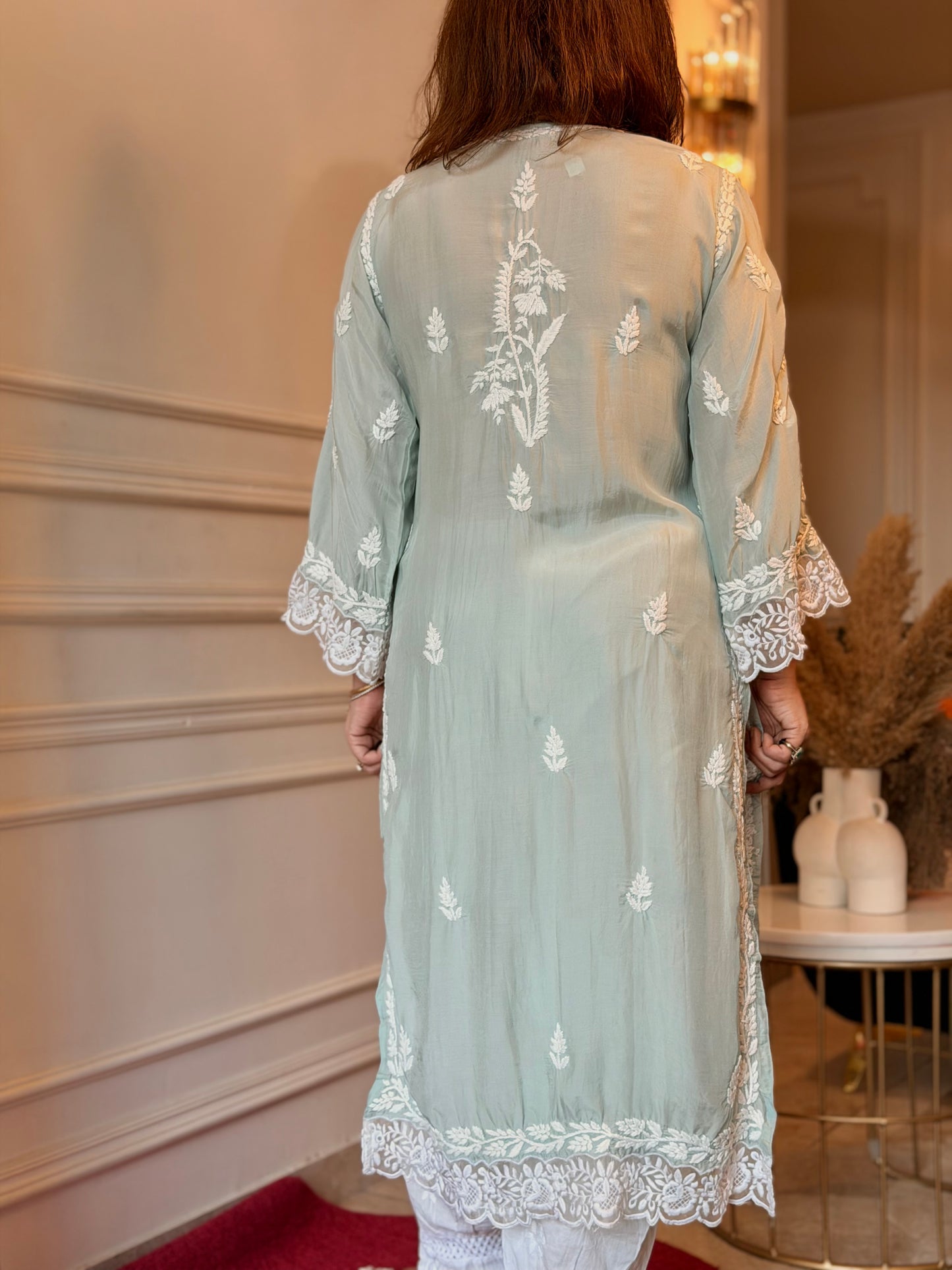 Hand embroidered 6D Chikankari Kurta | Mul Chanderi | Sage