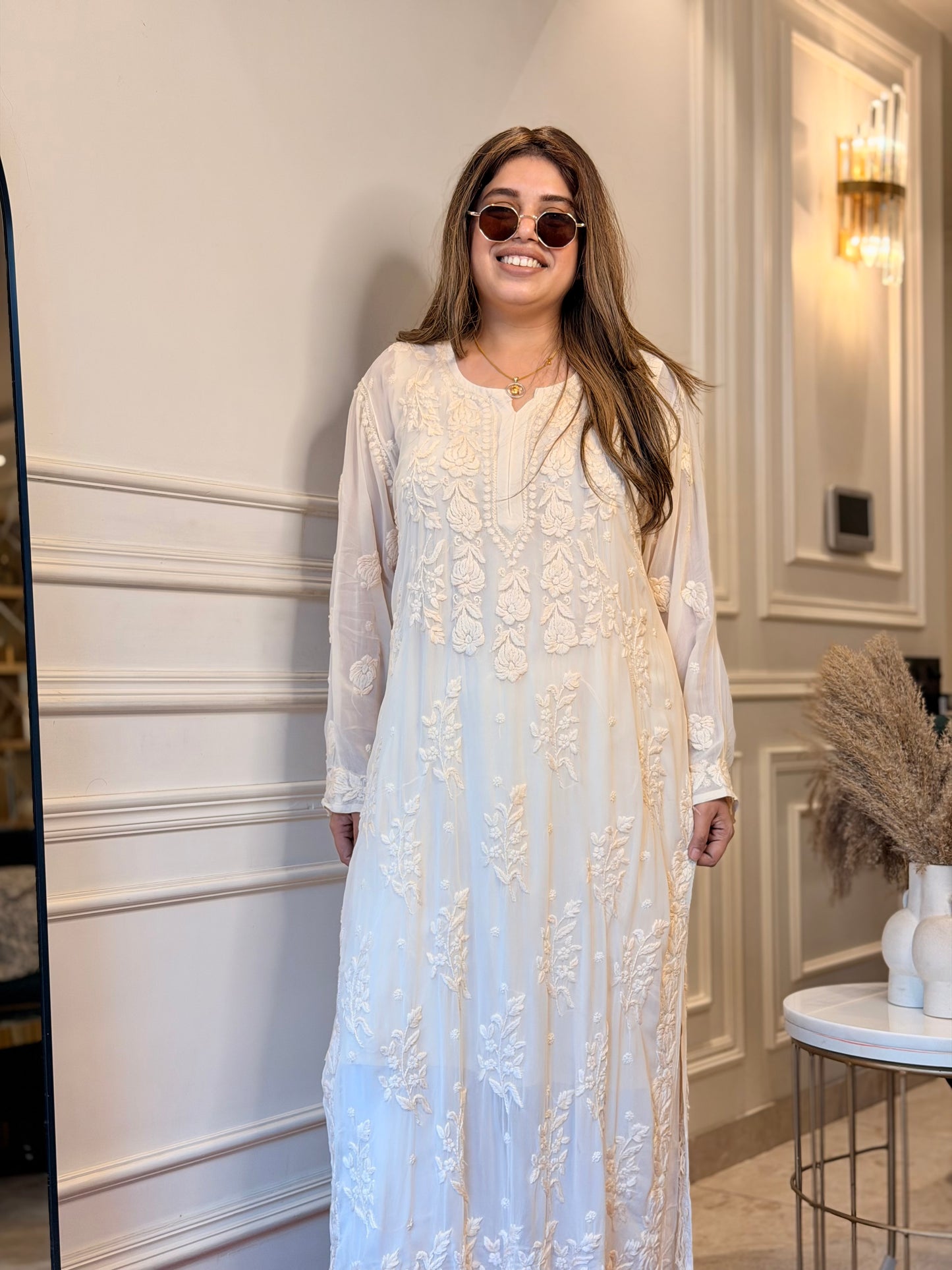 Hand Embroidered 3DChikankari Kurta  | Viscose | Beige
