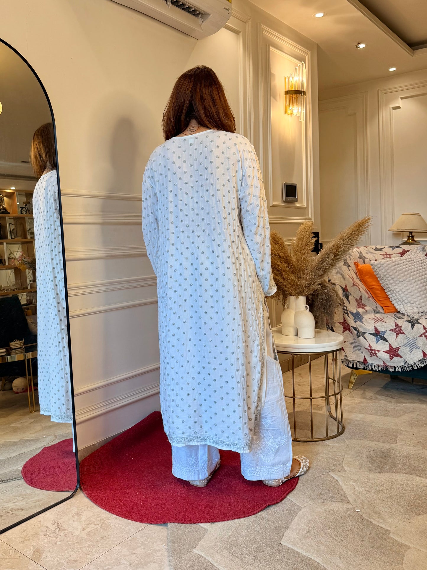 Hand Embroidered Chikankari Kurta  | Mul Chanderi | white with Grey | Plus Size