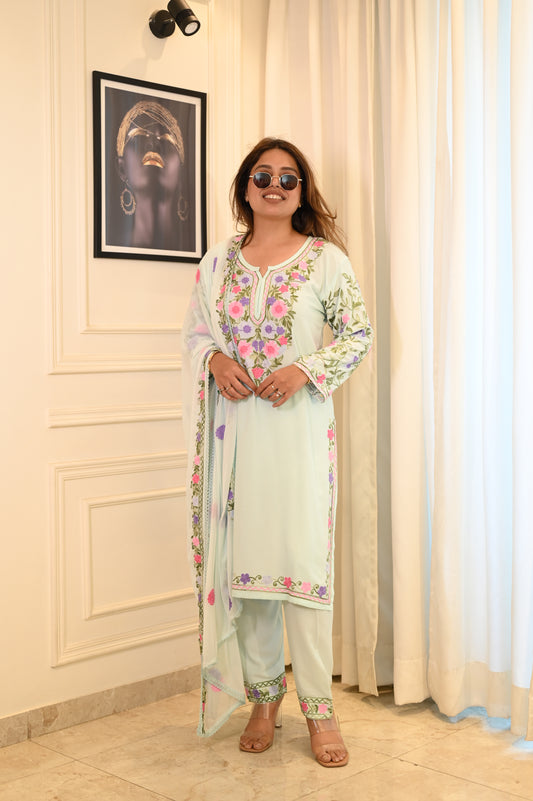 Elegant Frozi Blue Floral Embroidered Suit