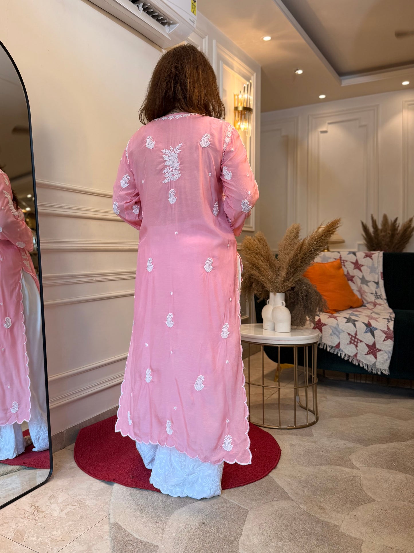 Hand embroidered 6D Chikankari Kurta | Mul Chanderi | Pink