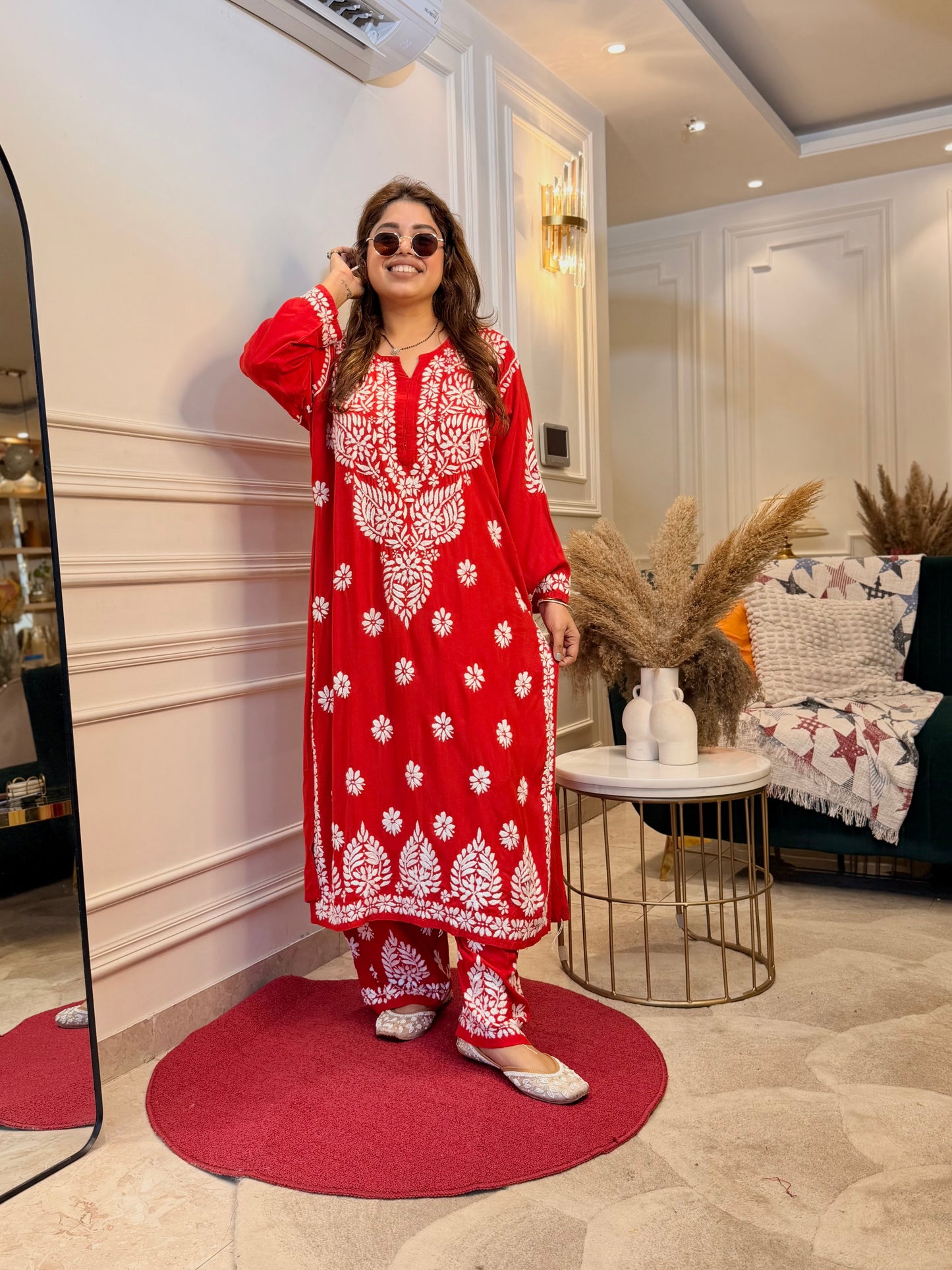 Hand Embroidered Chikankari Kurta set | Modal  | Hot Red