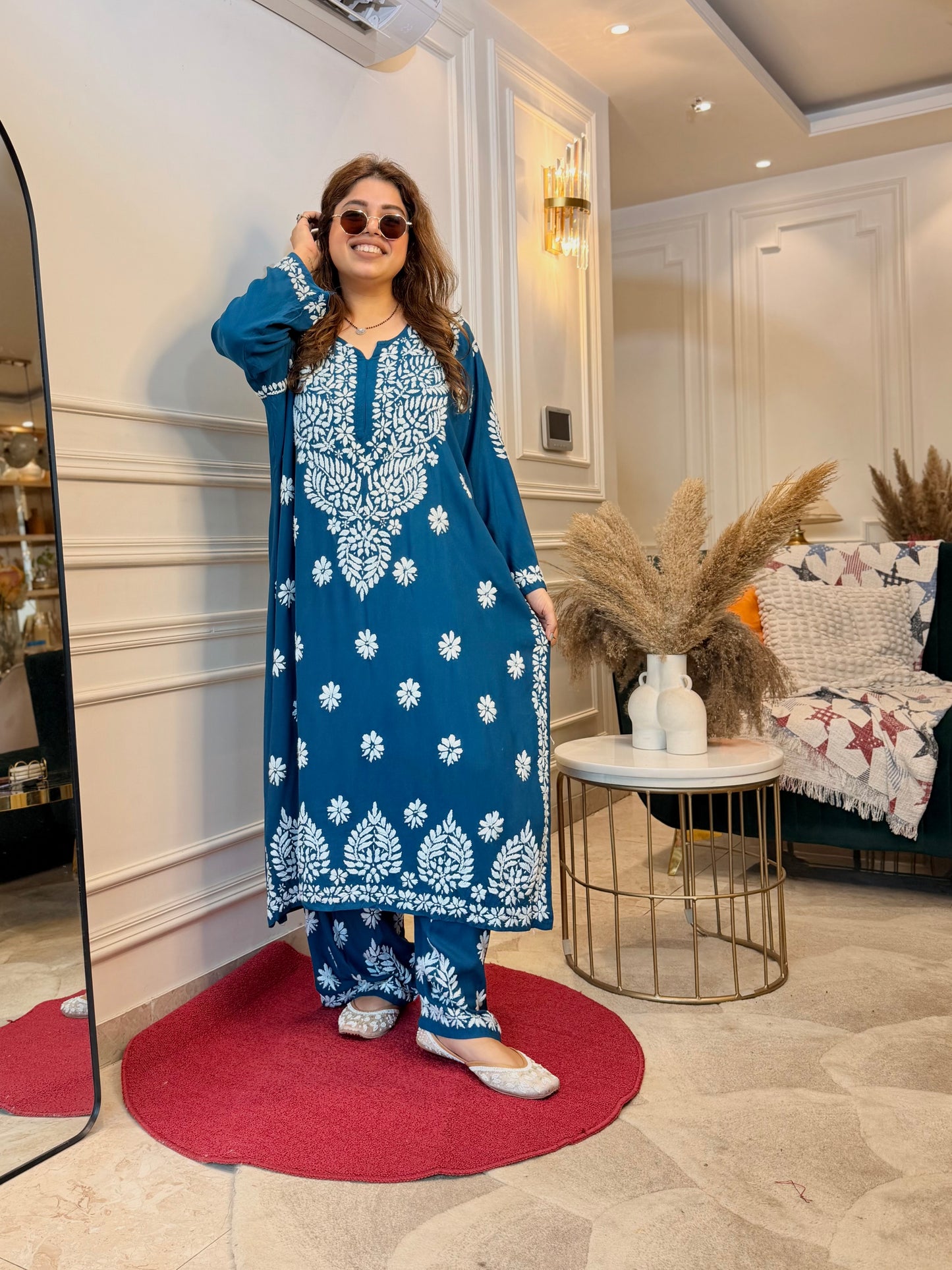 Hand Embroidered Chikankari Kurta set | Modal  | Blue