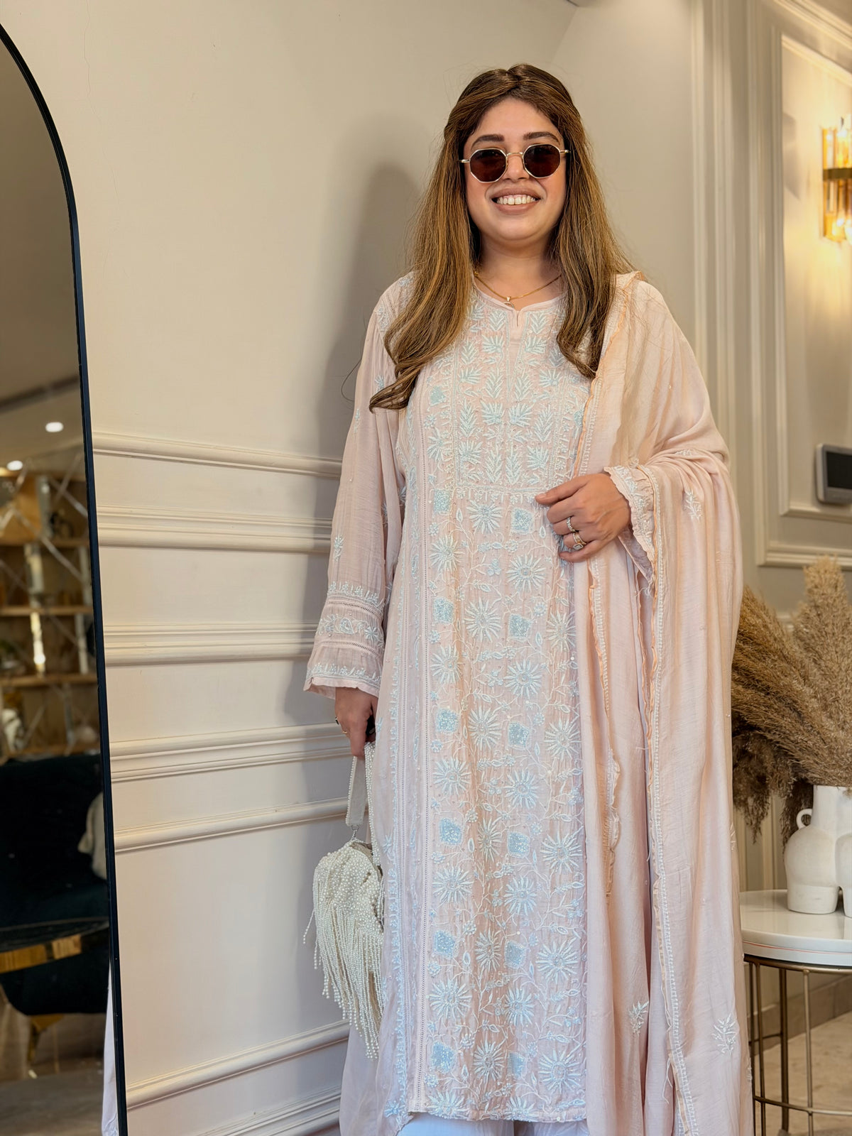 Luxe Hand Embroidered Chikankari Kurta & Duppta | Premium Soft Muslin | Peach Nude