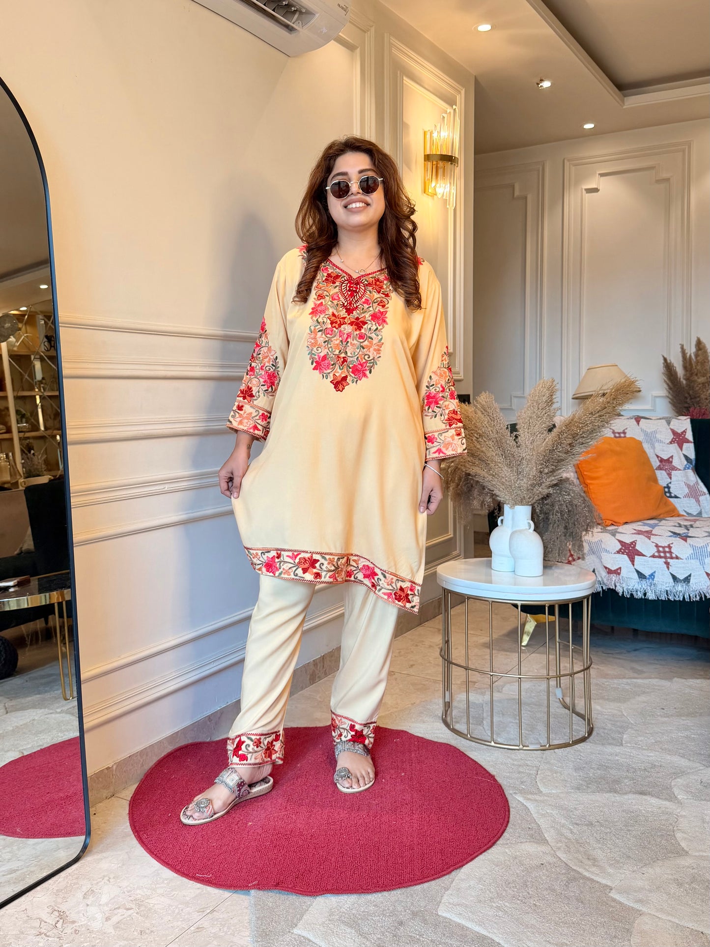 Cotton Kashmiri Emberoried Cordset-Ivory