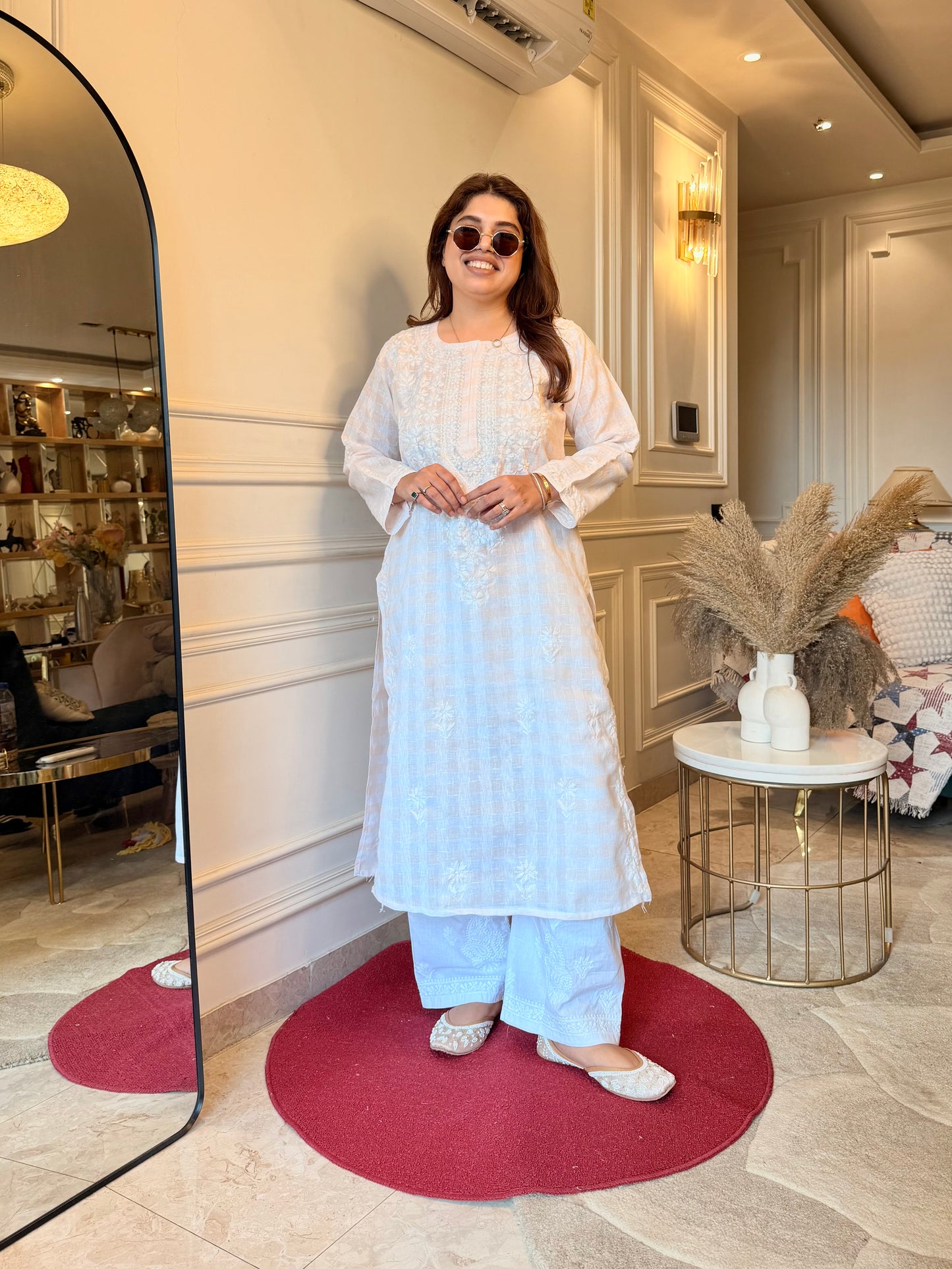 Hand Embroidered Chikankari Kurta Set - Kota Doriya Fabric | Peach