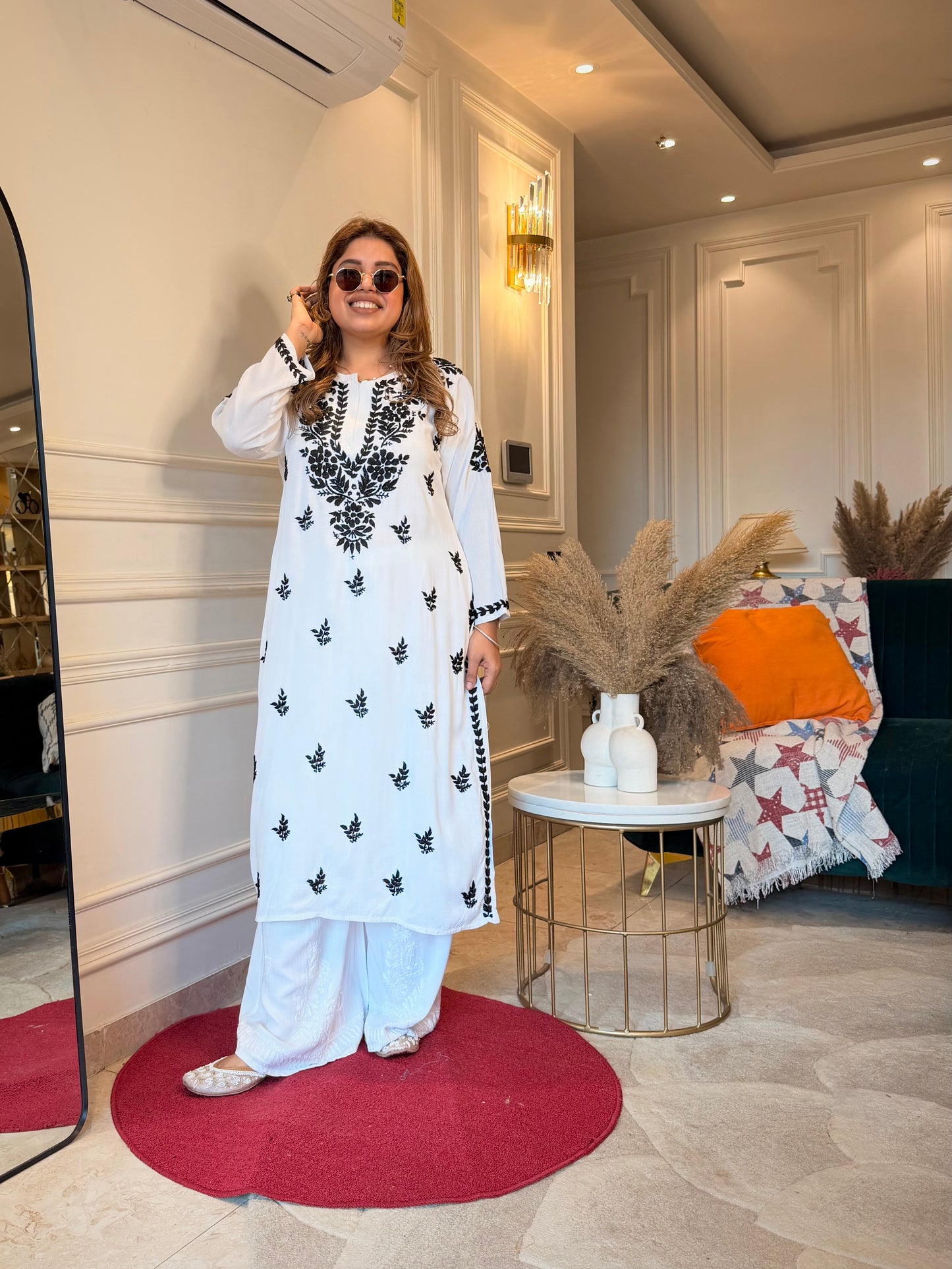 Chikankari Kurta Set Plazo | Mul Cotton | white with Black Thread Embroidery