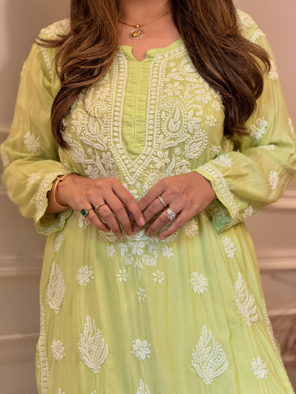 Hand Embroidered 3D Chikankari Kurta | Mul Chanderi | Light Green
