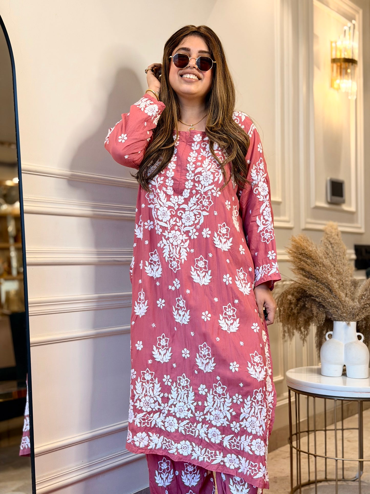 Hand embroidered 3D Chikankari Kurta set | Premium Modal| Dusty Rose
