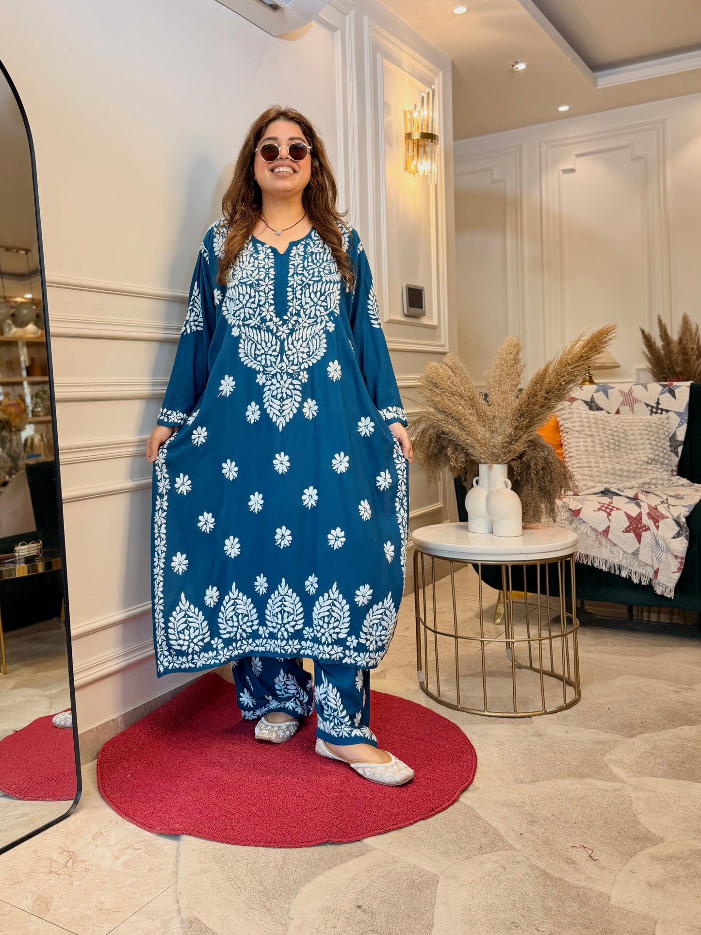 Hand Embroidered Chikankari Kurta set | Modal  | Blue