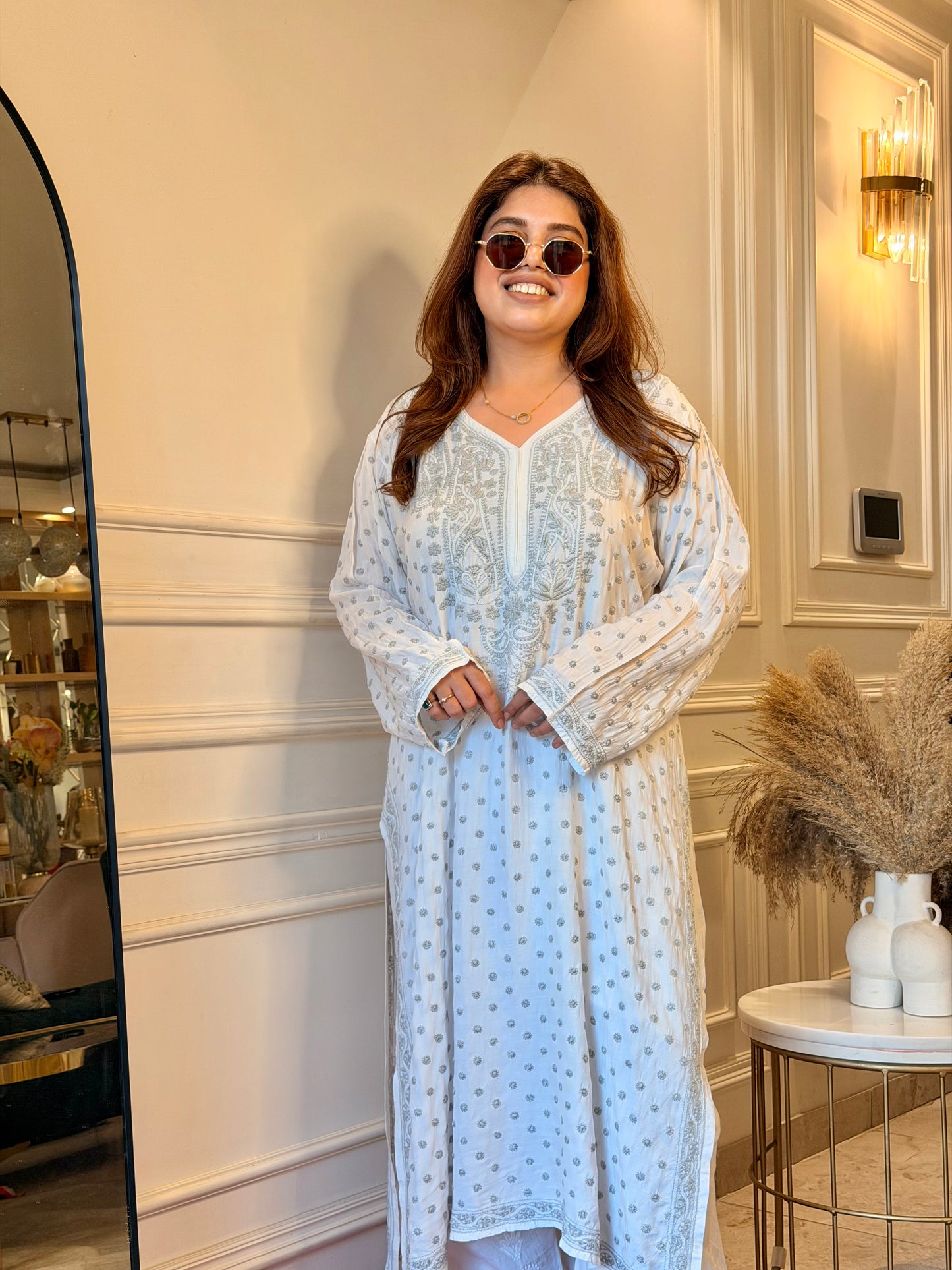Hand Embroidered Chikankari Kurta  | Mul Chanderi | white with Grey | Plus Size