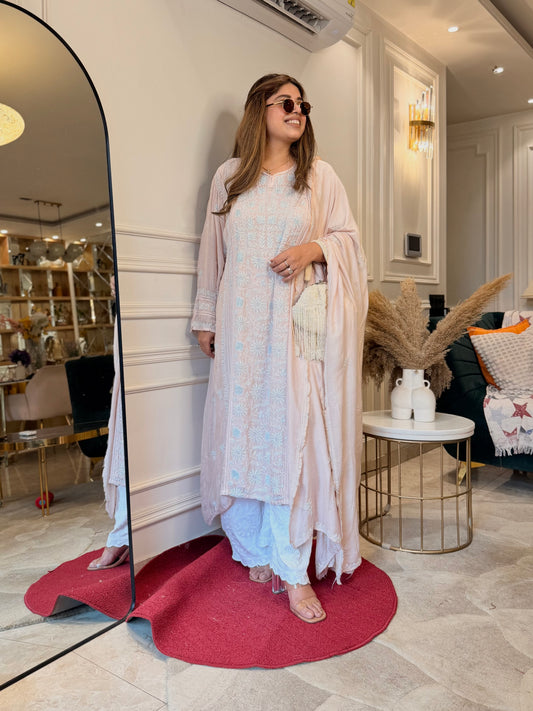 Luxe Hand Embroidered Chikankari Kurta & Duppta | Premium Soft Muslin | Peach Nude