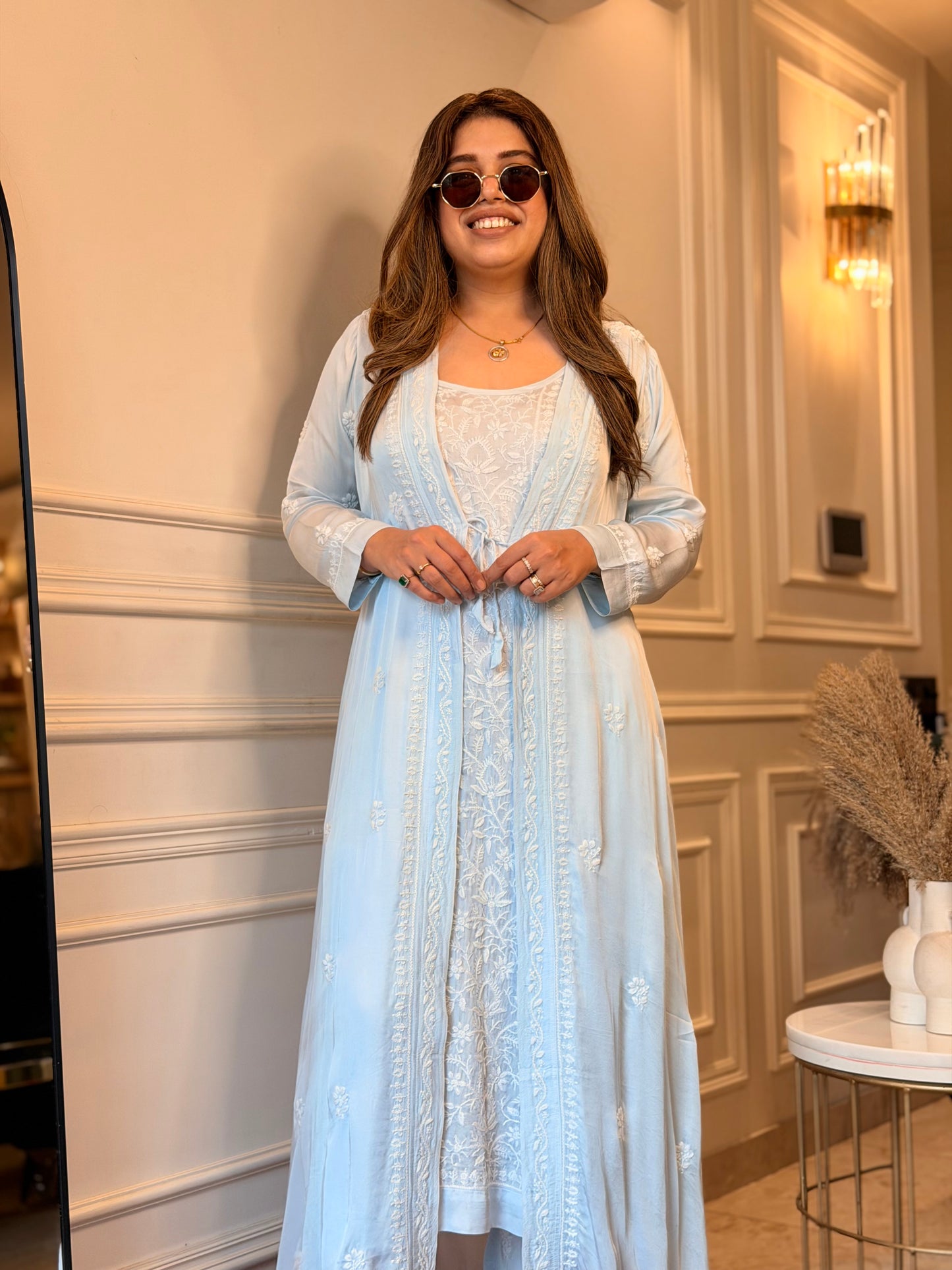 Premium 3 Piece Hand Embroidered Chikankari Kurta set | Modal satin | Powder Blue