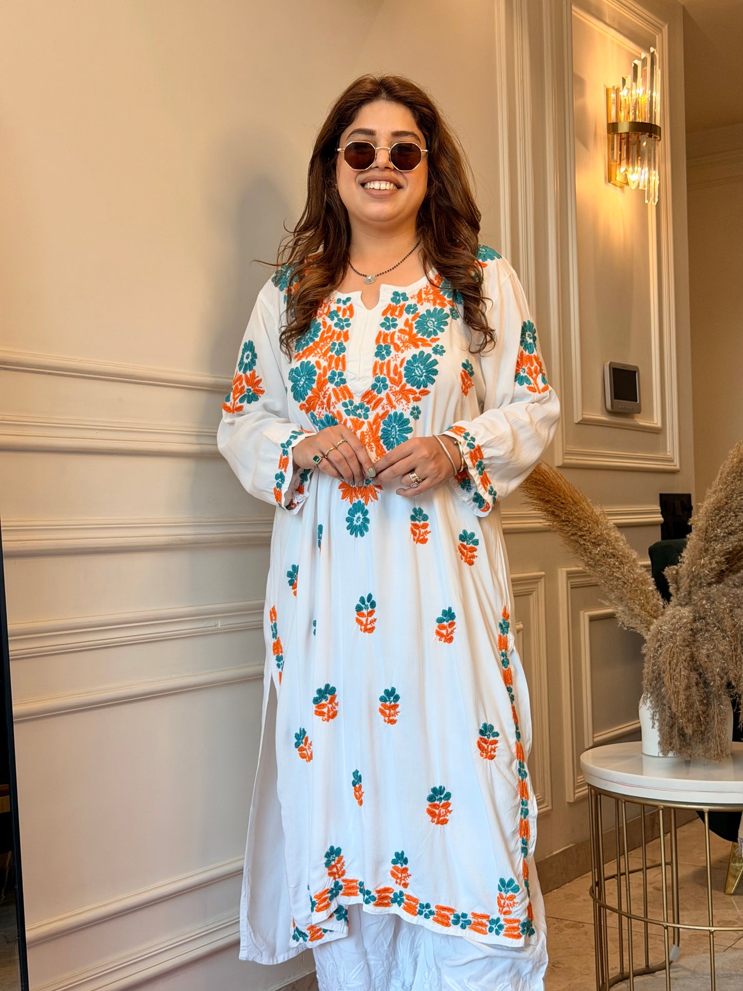 Hand embroidered Chikankari Kurta | Premium Cotton | White with Turquoise & Orange