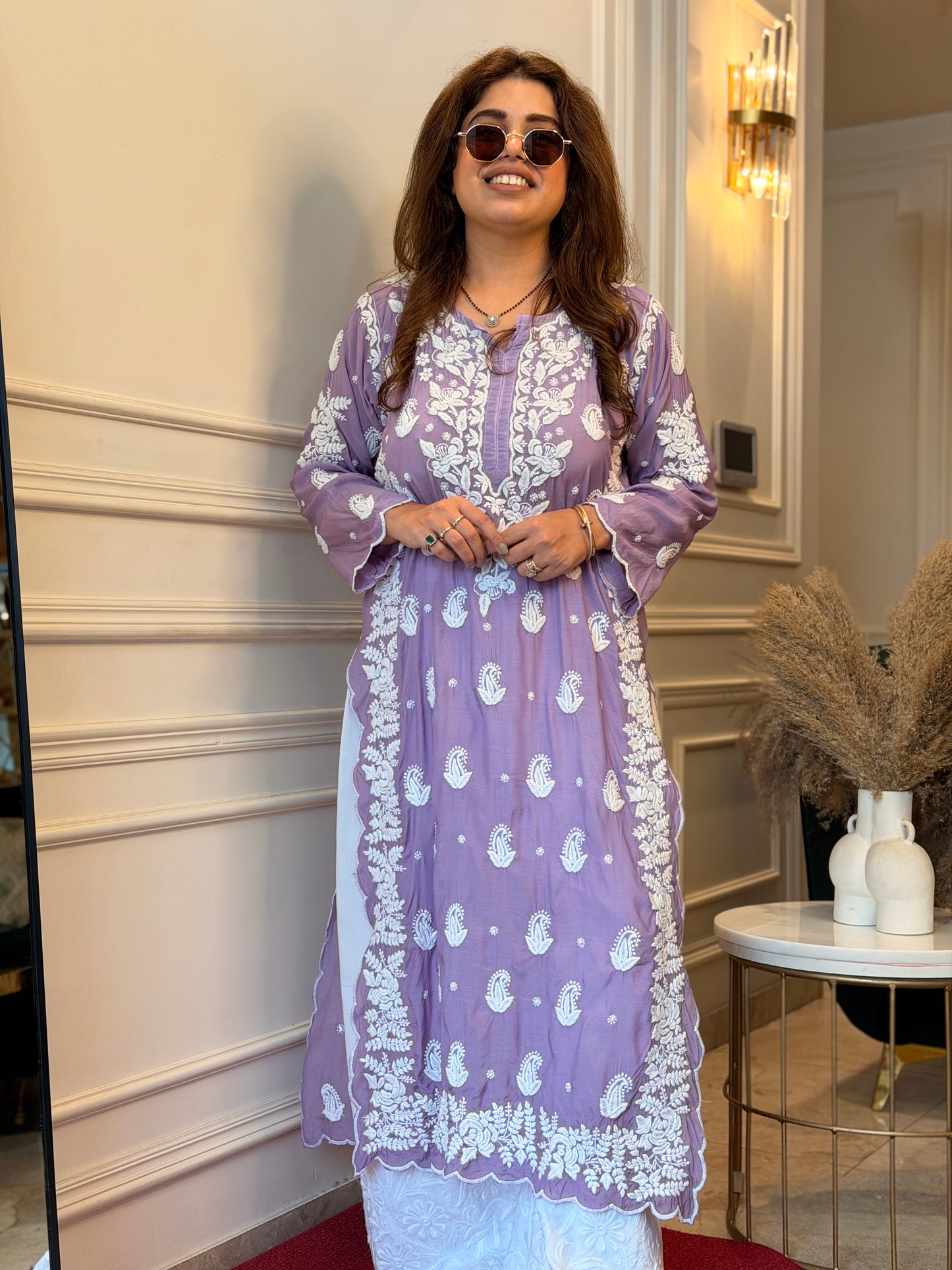Hand embroidered 6D Chikankari Kurta | Mul Chanderi | Lavender