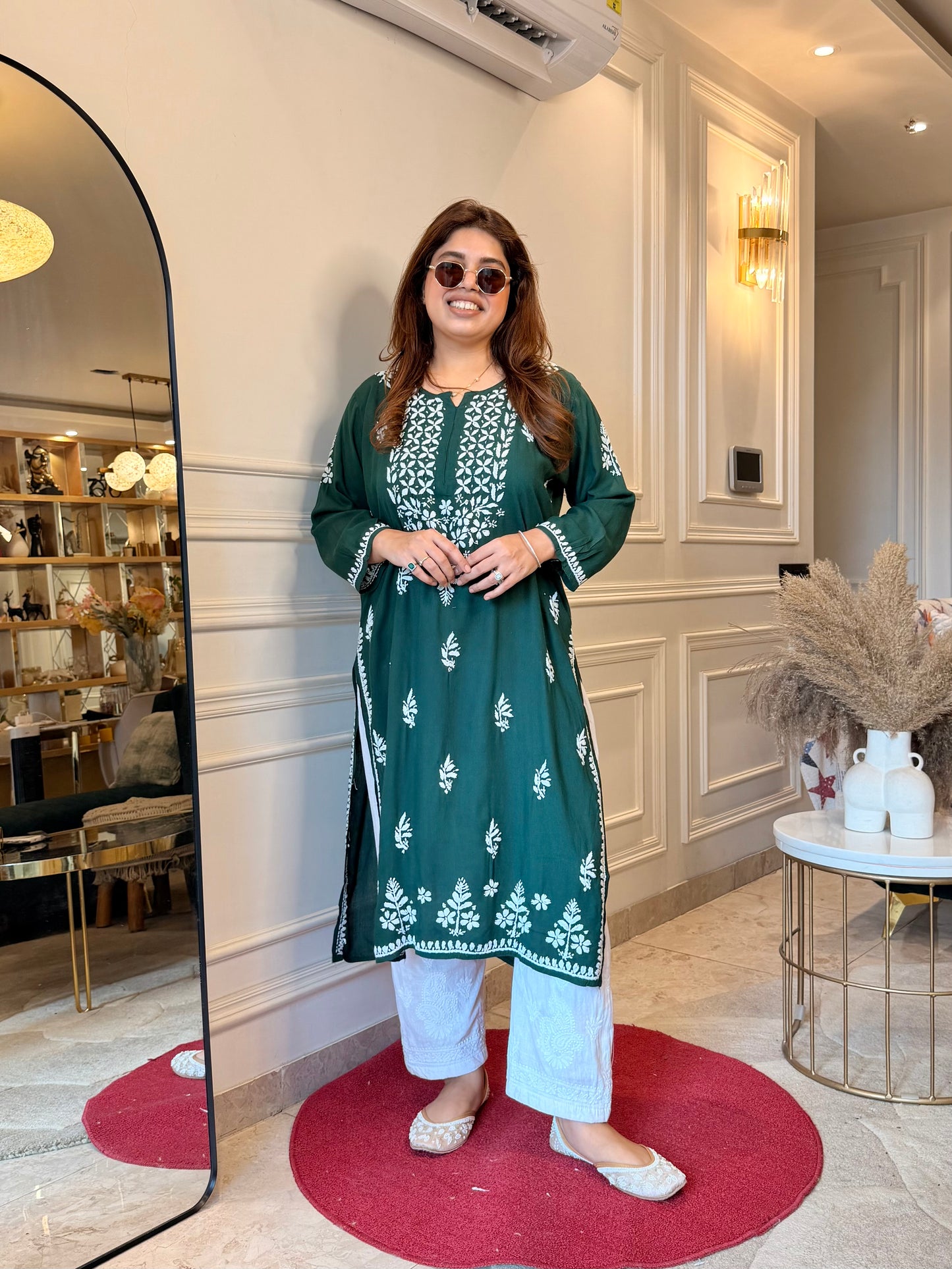 Hand Embroidered Chikankari Kurta | Modal | Emerald Green